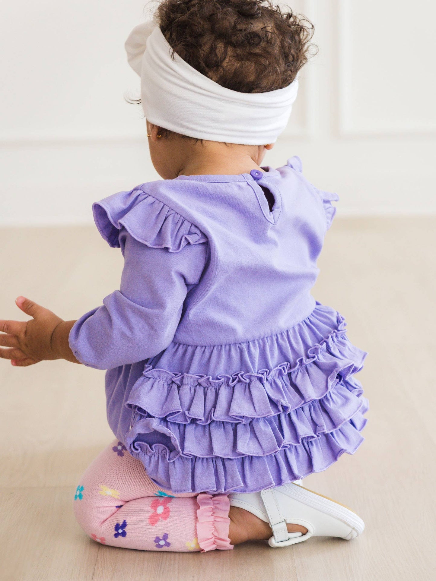 RuffleButts + RuggedButts - Baby Girls Wisteria Purple Knit Long Sleeve Flutter Bubble Romper