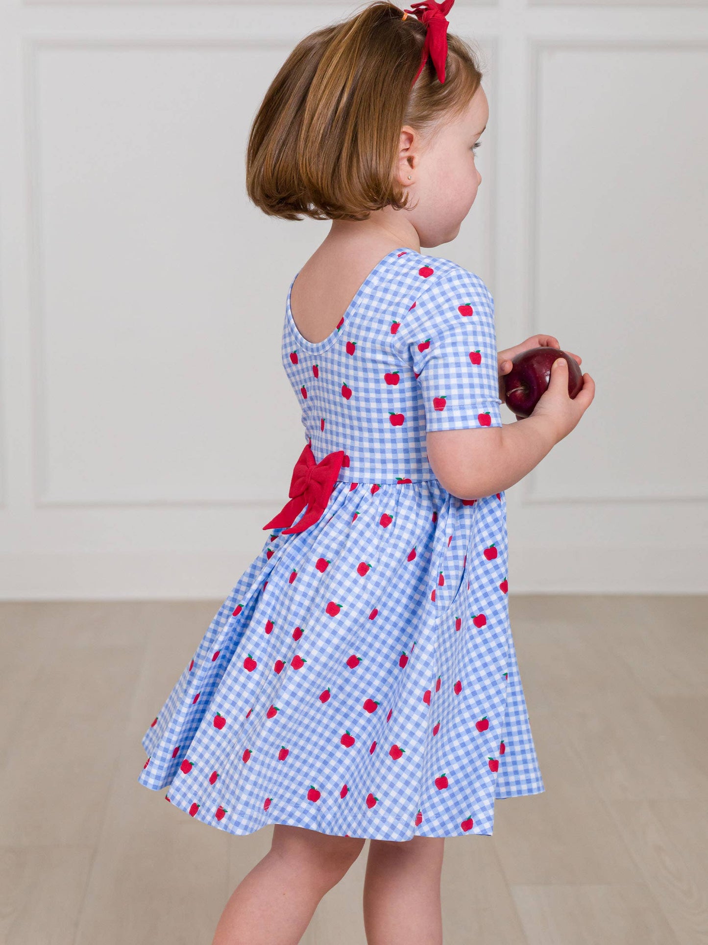 RuffleButts + RuggedButts - Girls Apple Orchard Gingham Short Sleeve Knit Twirl Dress