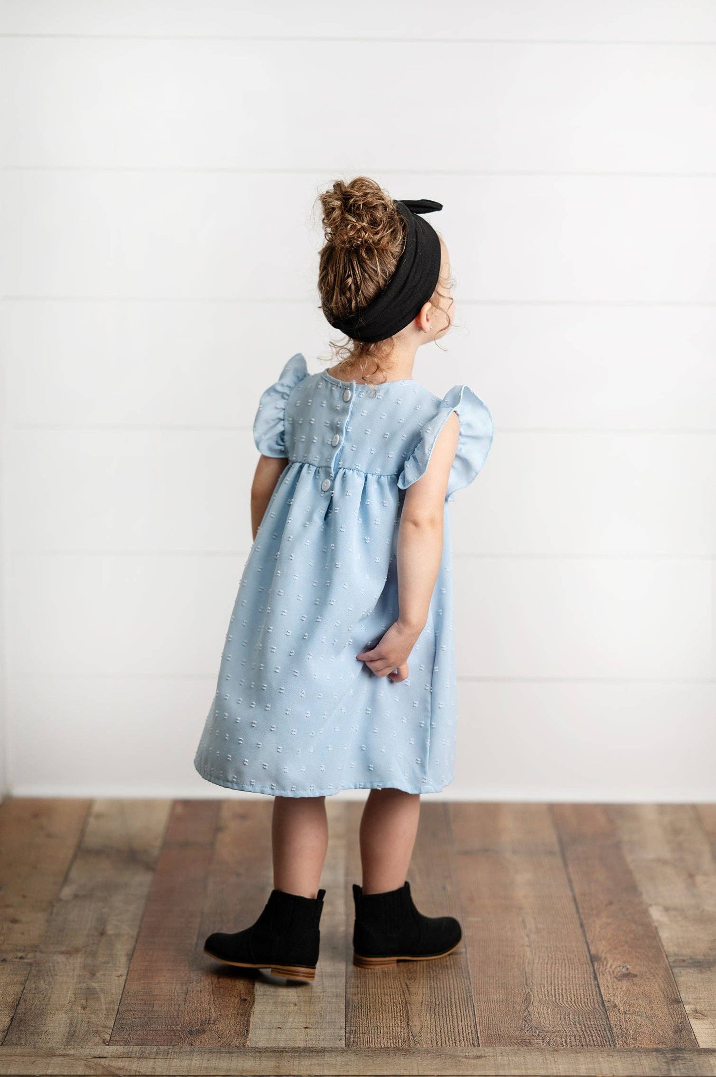 Dusty Blue Ruffle Bib Swiss Dot Dress