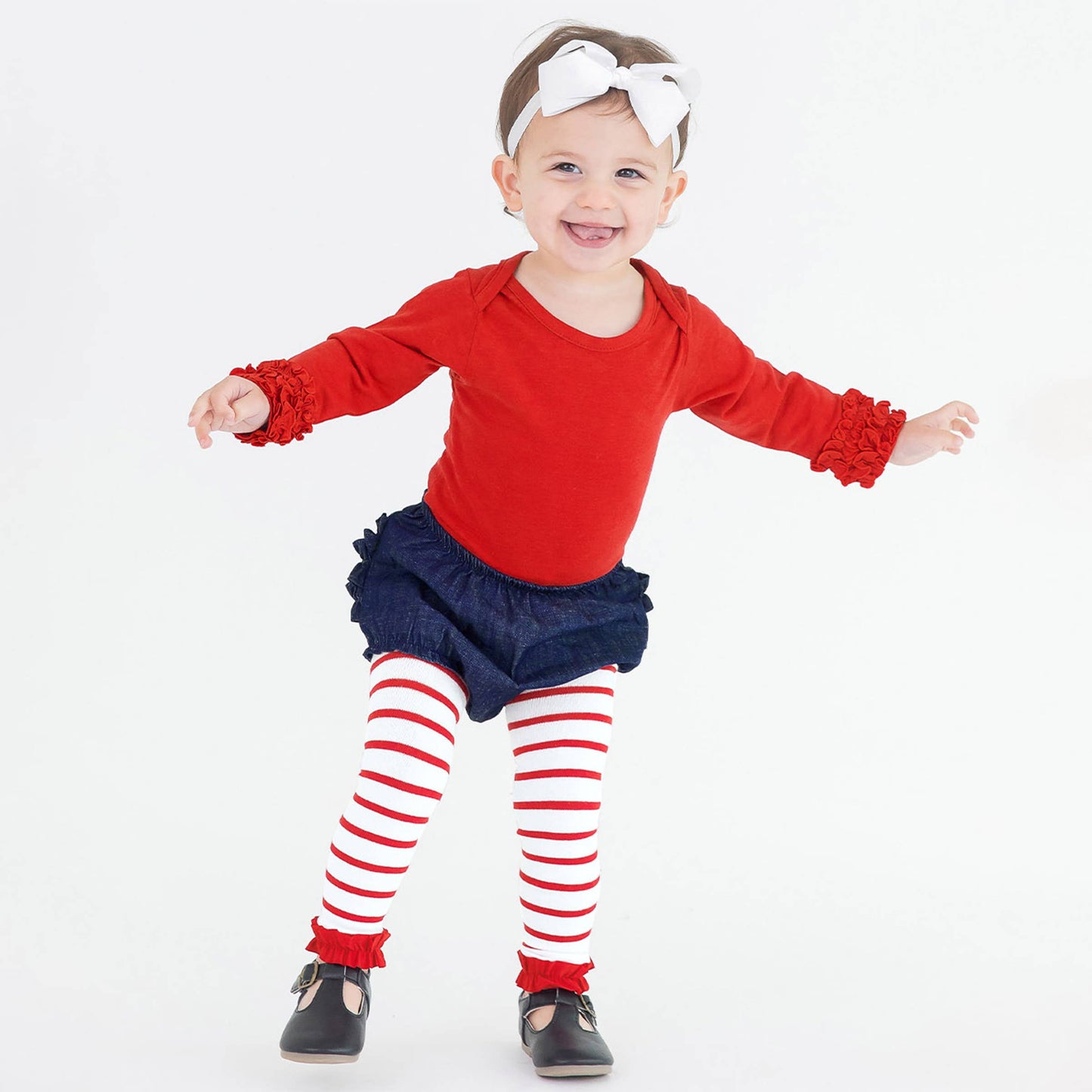 RuffleButts + RuggedButts - Girls Red & White Stripe Patterned Footless Ruffle Tights