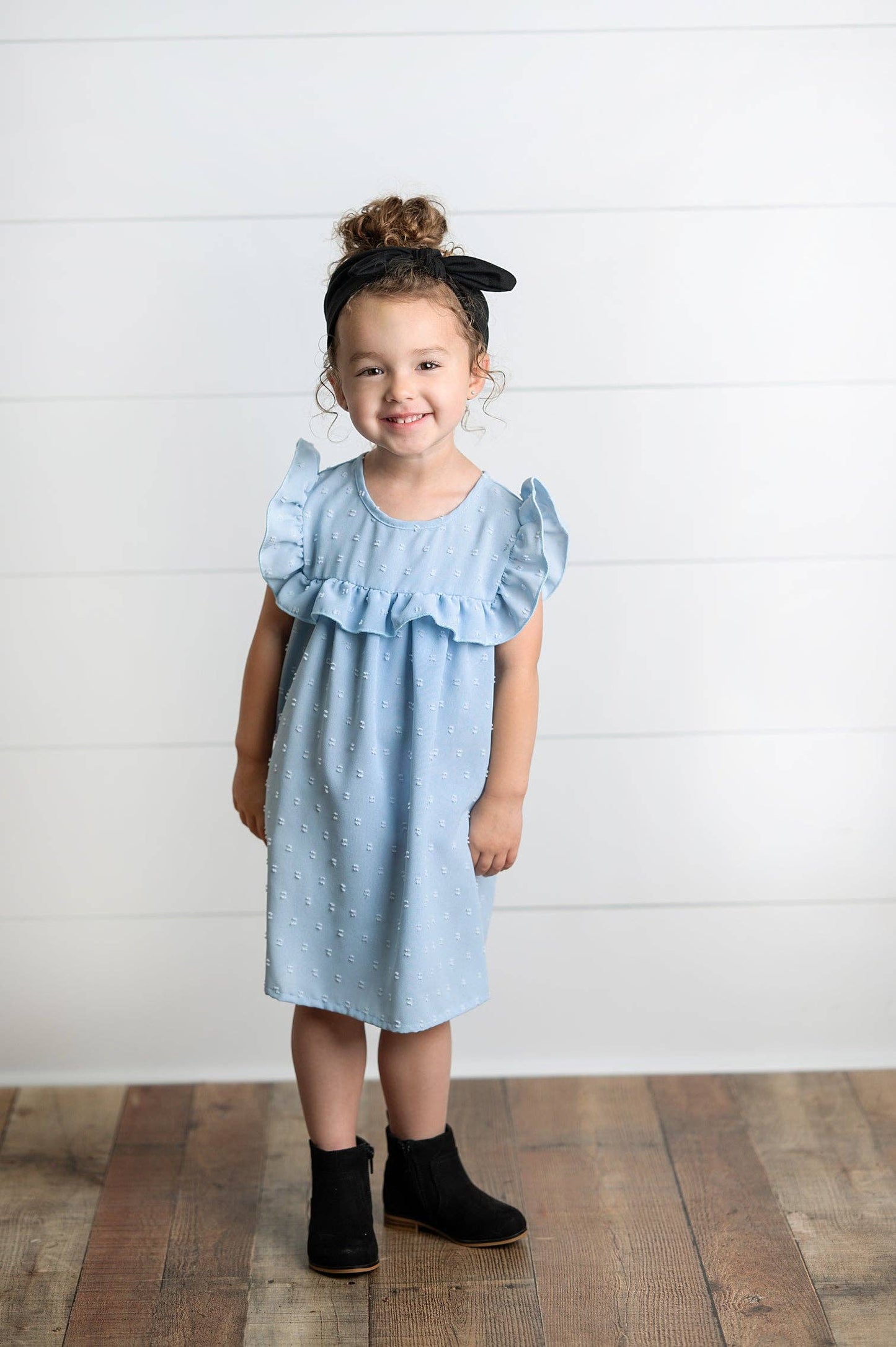 Dusty Blue Ruffle Bib Swiss Dot Dress