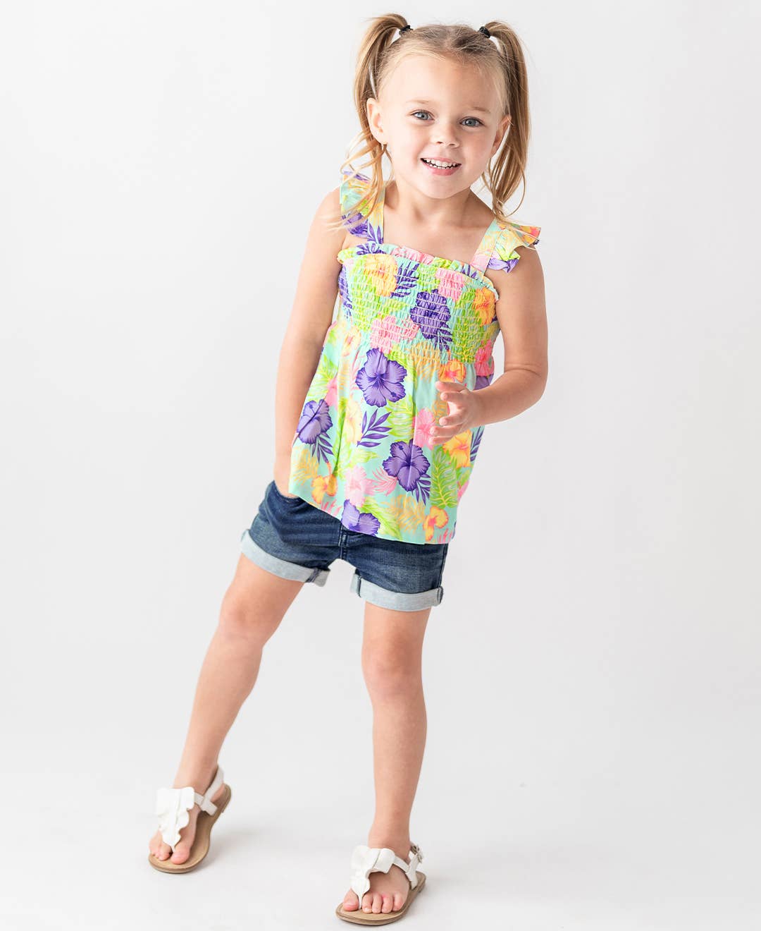 RuffleButts + RuggedButts - Girls Medium Wash Stretch Denim Shorts