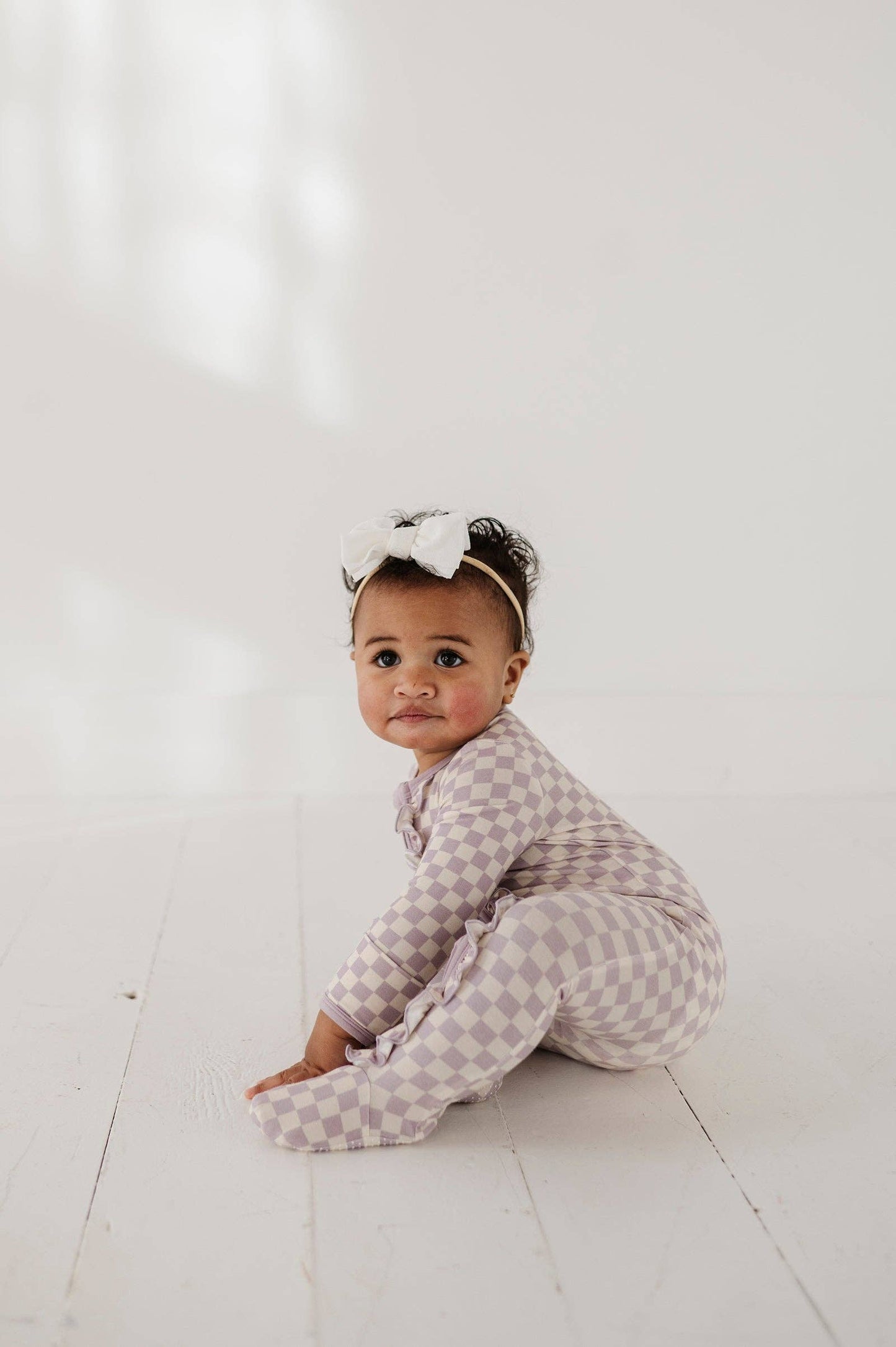Lavender Cloud Checkered Bamboo Footie Romper