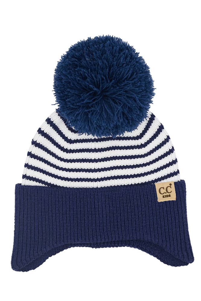 C.C Kids Stripe Earflap Yarn Pom Beanie Winter Hat