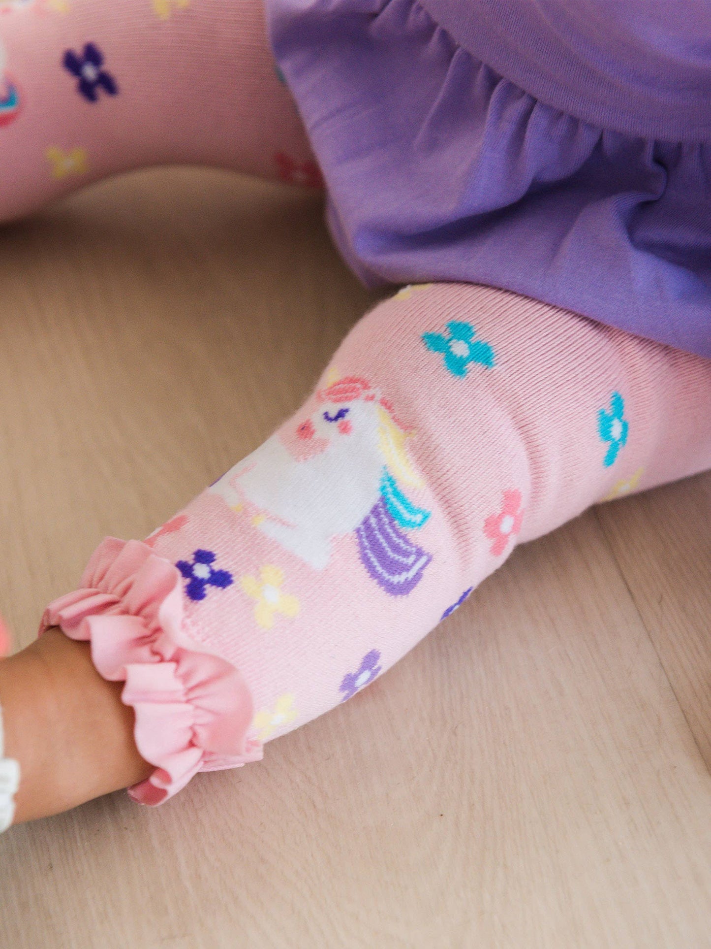 RuffleButts + RuggedButts - Girls Unicorn Blooms Patterned Footless Ruffle Tights