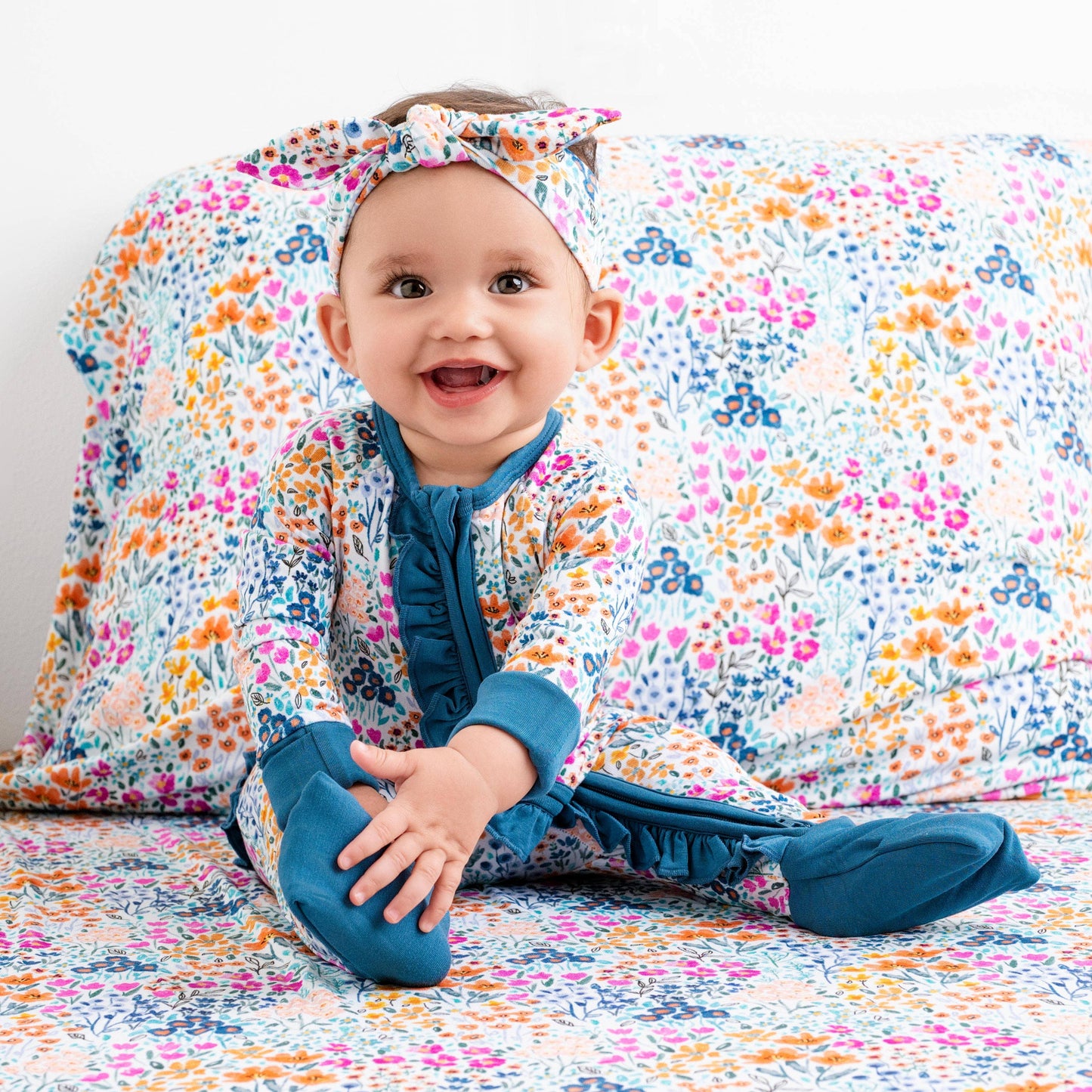 Whispering Wildflowers Ruffle Baby Bamboo Zipper Romper Pajamas