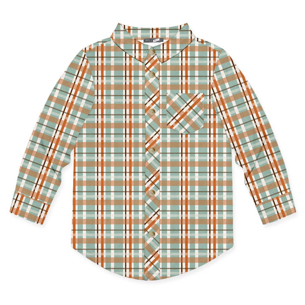 Boys Orange Pumpkin Patch Plaid Long-Sleeve Button-Up