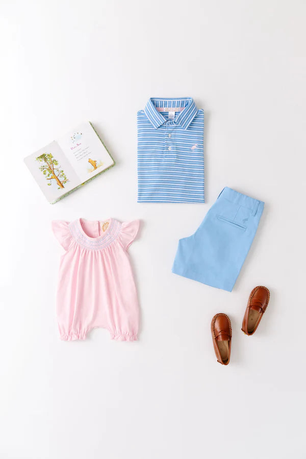 TBBC | Prim & Proper Polo & Onesie - Sumner County Stripe (Sunrise Blvd. Blue) with Palm Beach Pink Stork