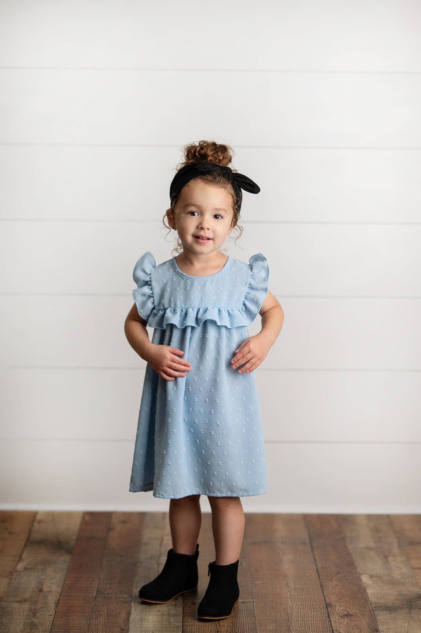 Dusty Blue Ruffle Bib Swiss Dot Dress