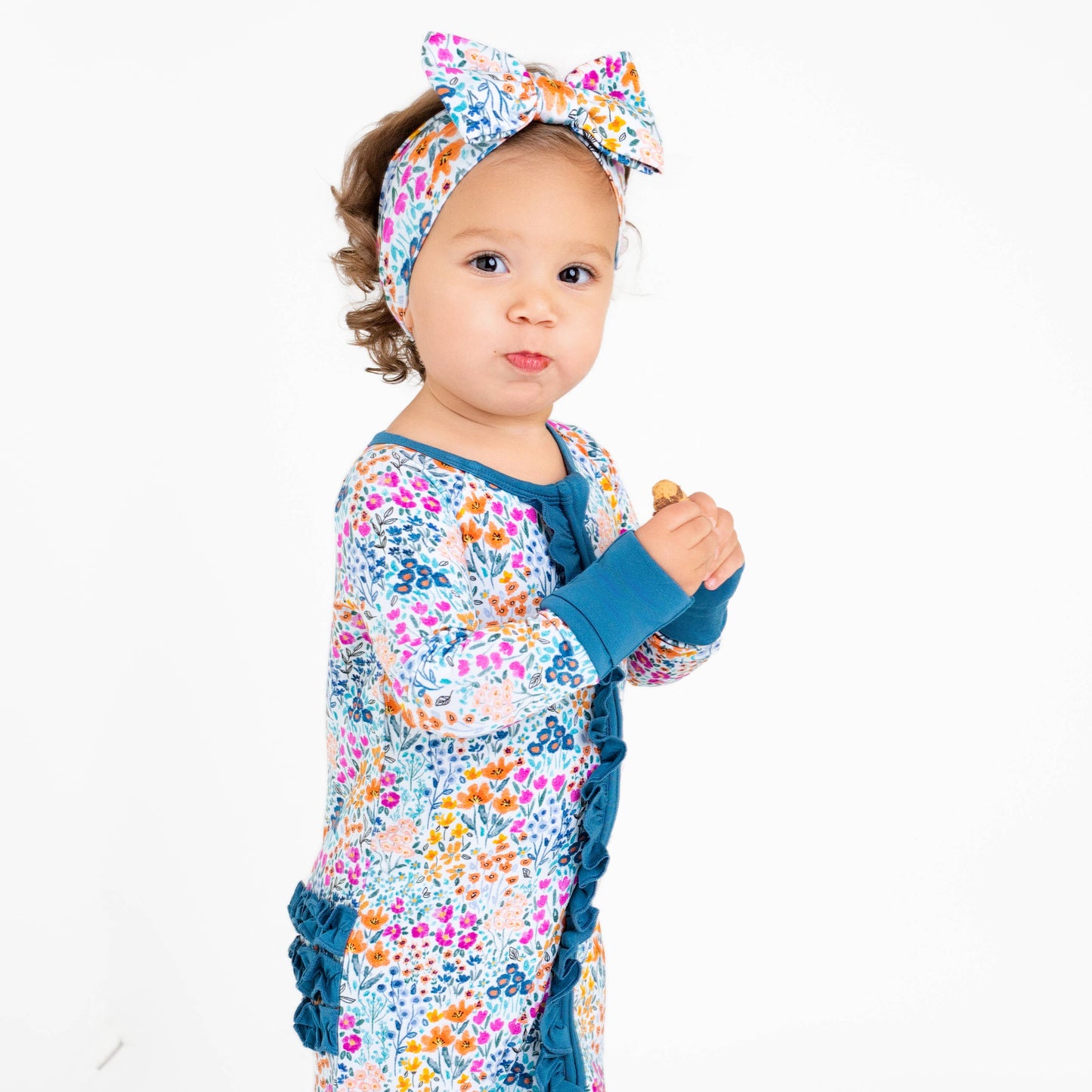 Whispering Wildflowers Ruffle Baby Bamboo Zipper Romper Pajamas
