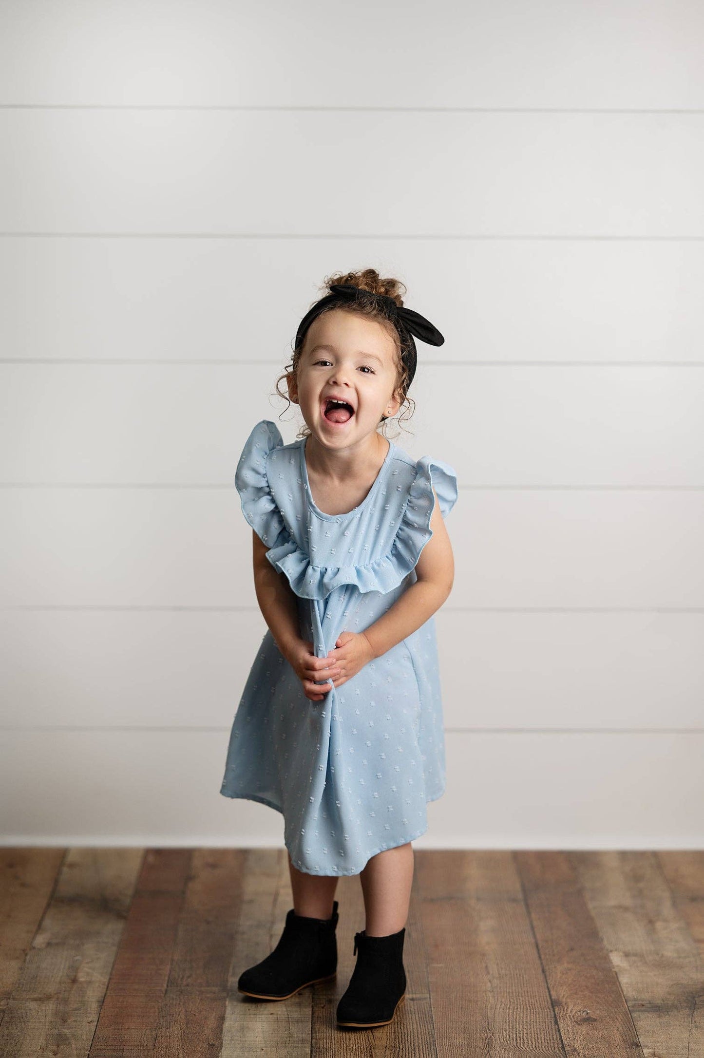 Dusty Blue Ruffle Bib Swiss Dot Dress