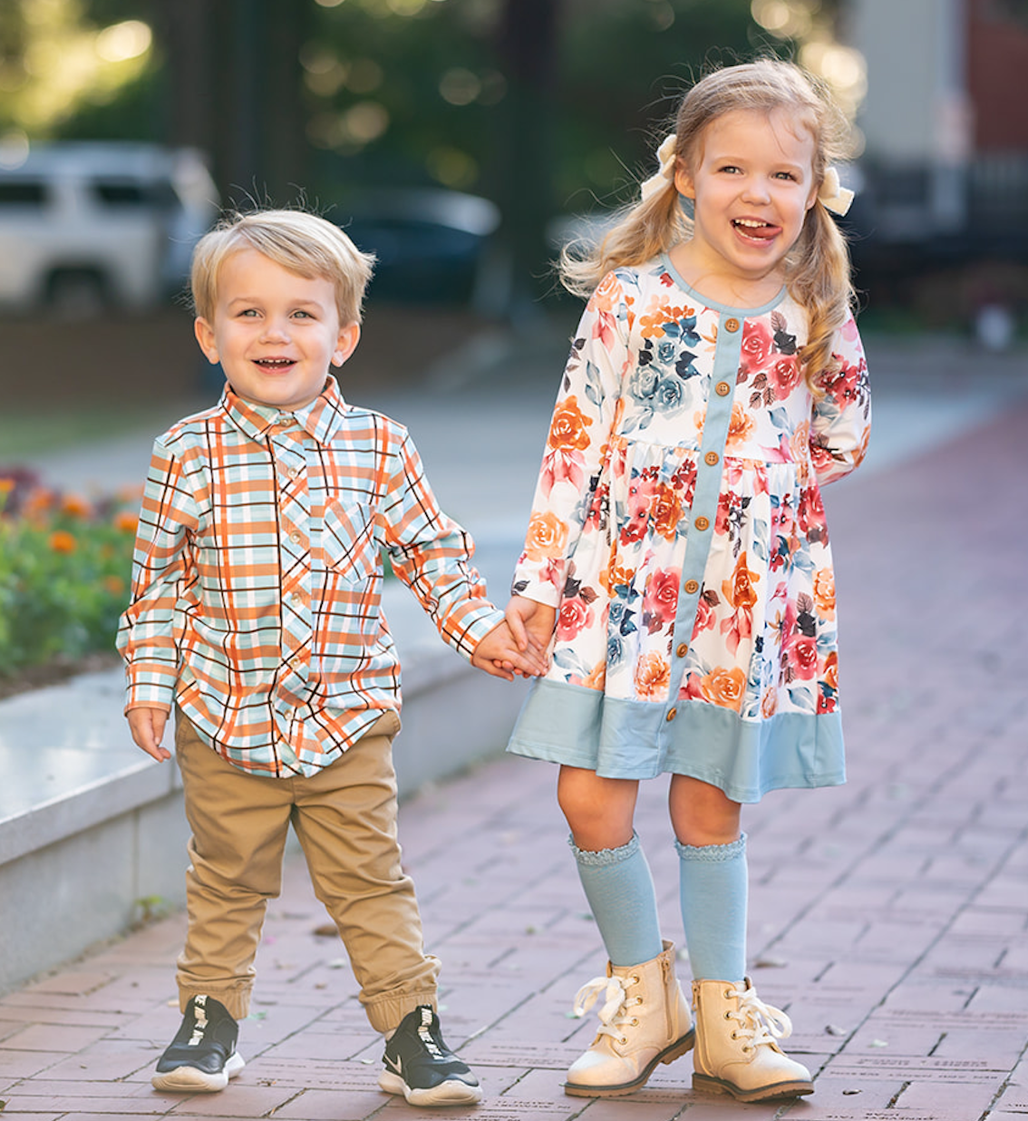 Boys Orange Pumpkin Patch Plaid Long-Sleeve Button-Up