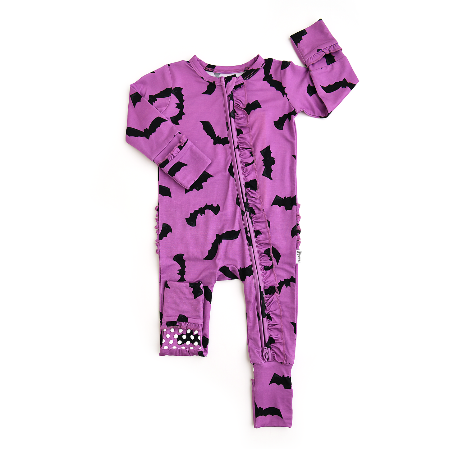 Echo Purple Bats Rufflebutts Zip Romper