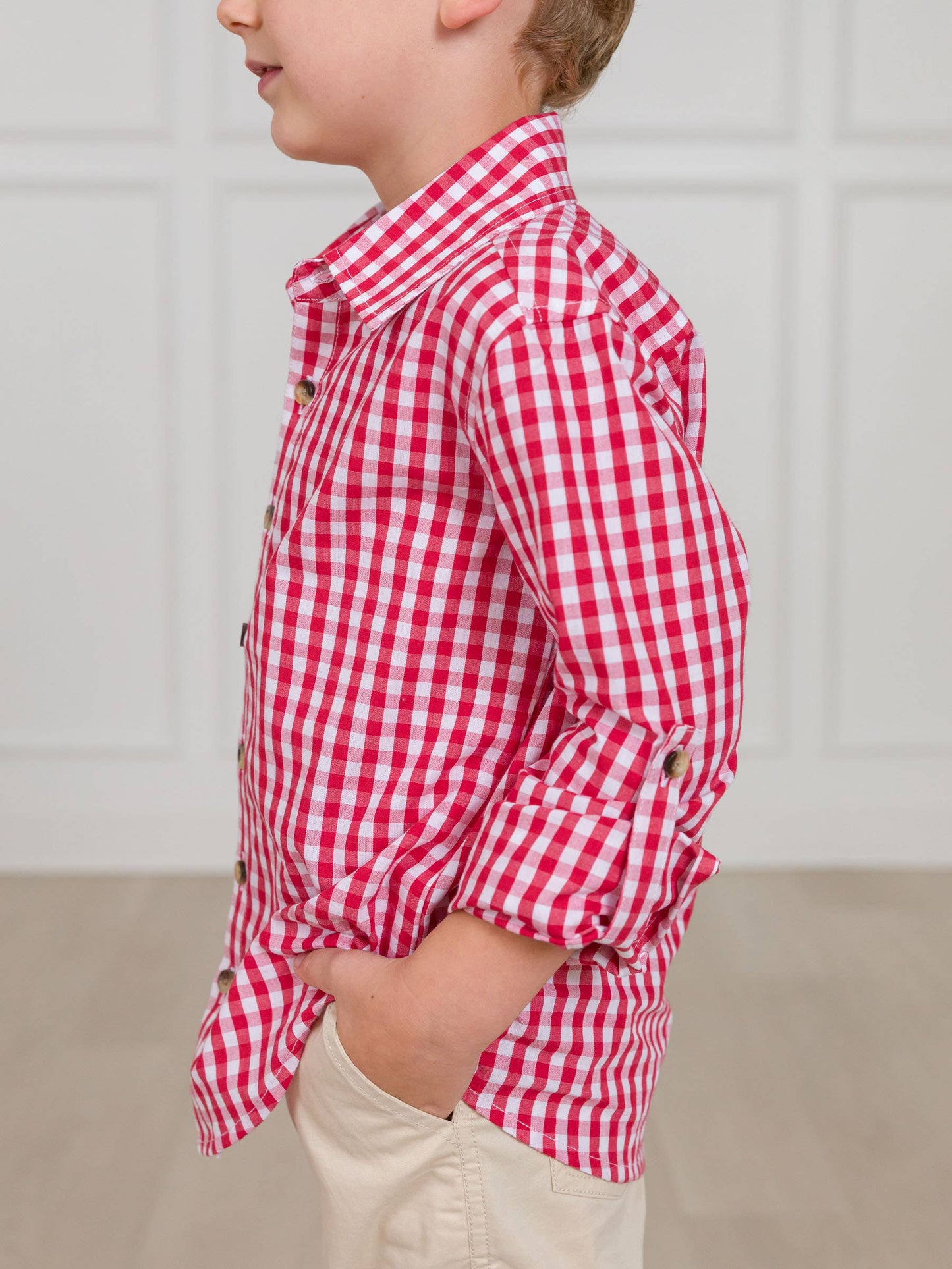 RuffleButts + RuggedButts - Boys Classic Red Gingham Long Sleeve Button Down