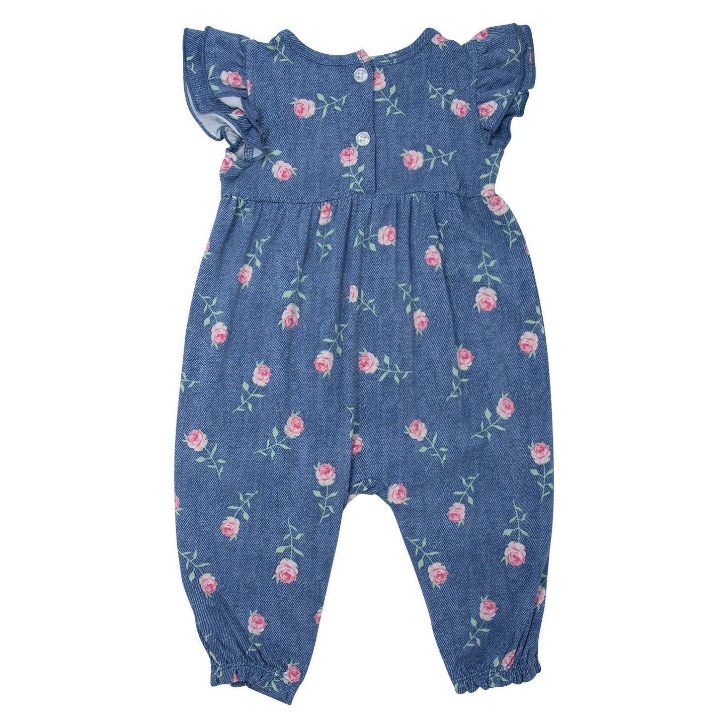 Sweet Bamboo - Pink Roses on Denim Flutter Sleeve Romper