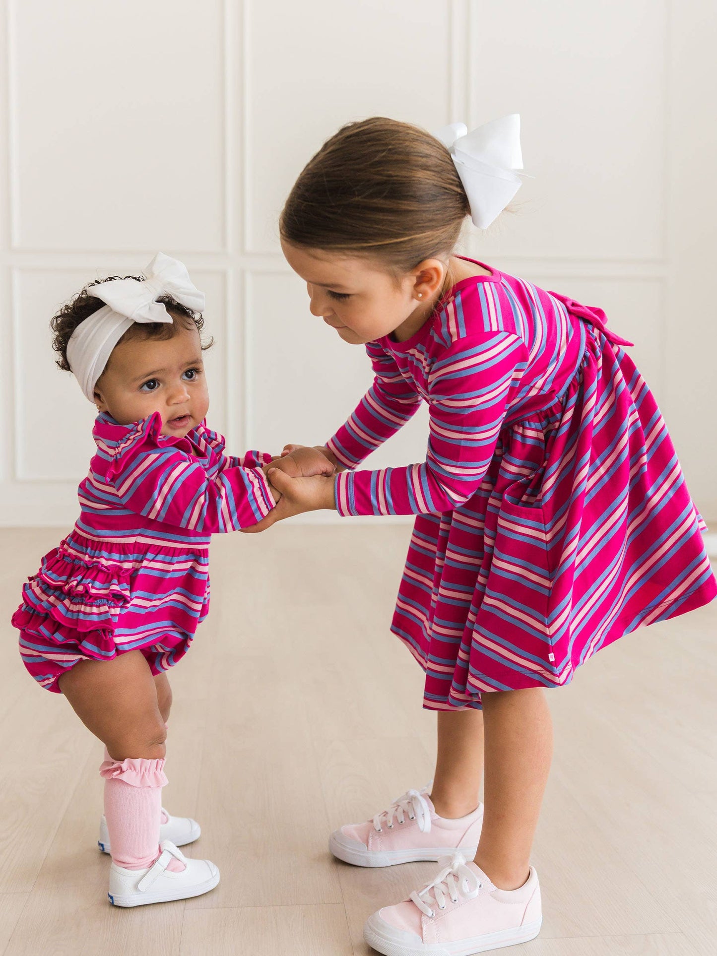 RuffleButts + RuggedButts - Girls Very Berry & Periwinkle Blue Stripe Knit Long Sleeve Twirl Dress m