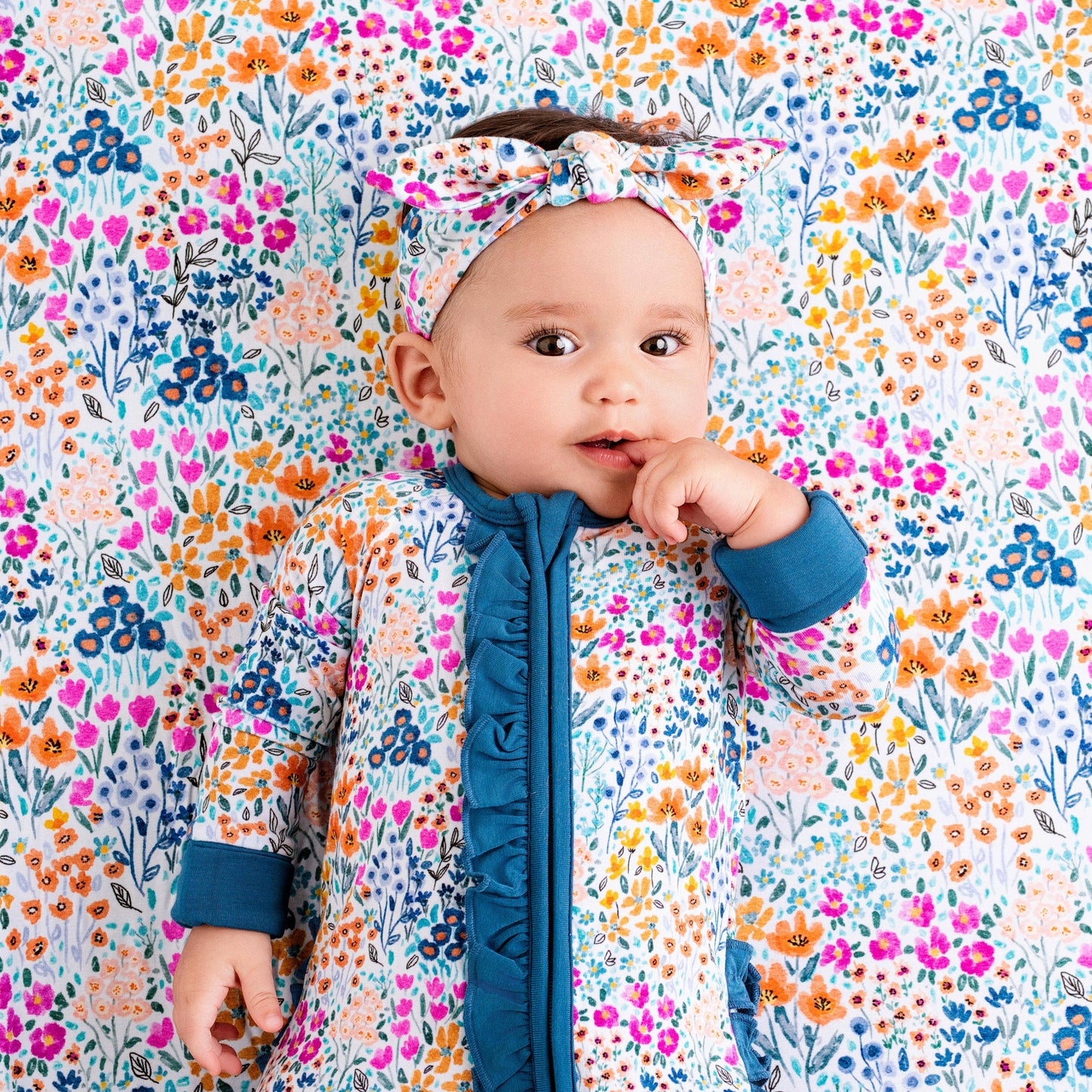 Whispering Wildflowers Ruffle Baby Bamboo Zipper Romper Pajamas
