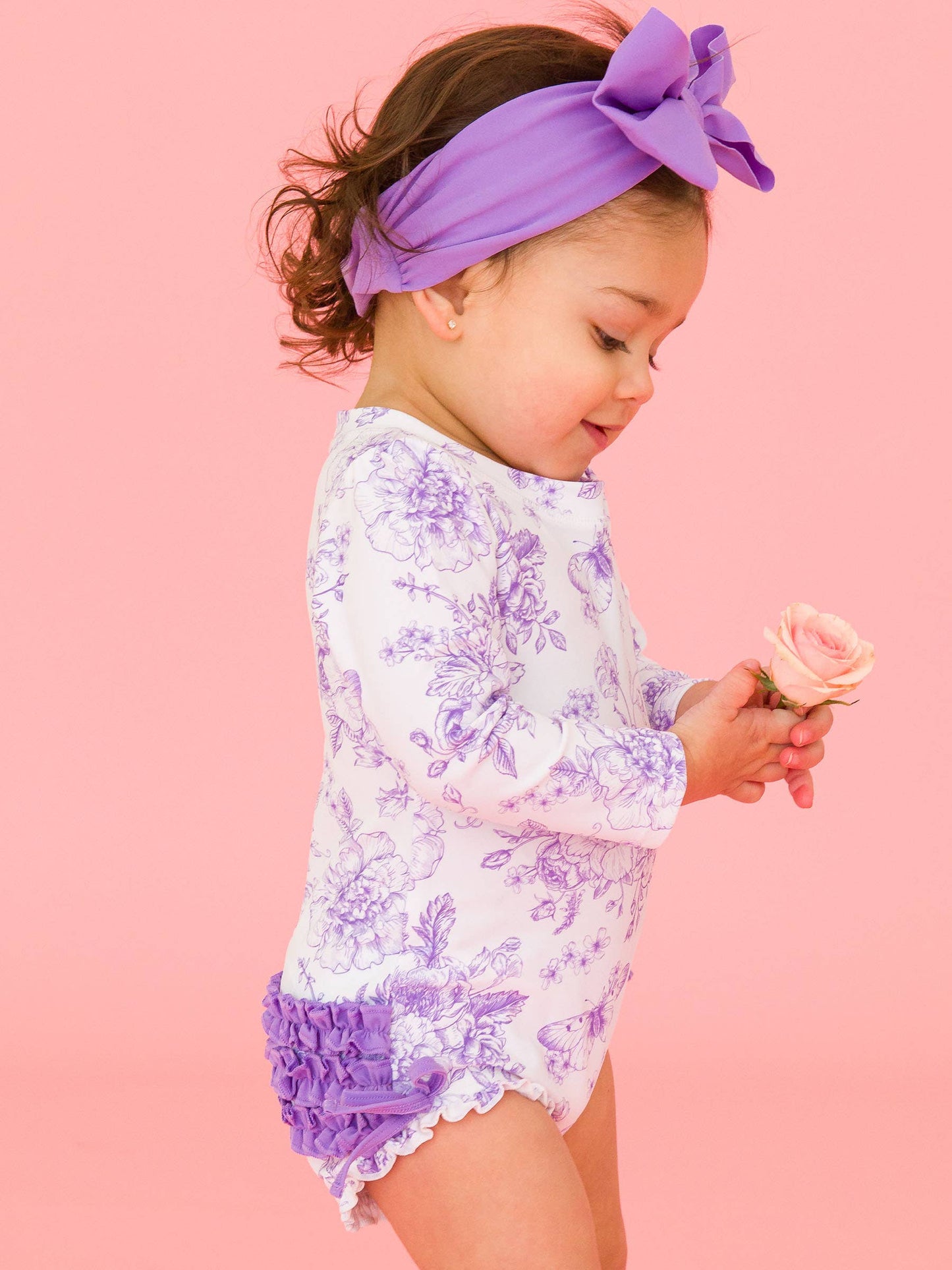Wisteria Purple Butterfly Garden Toile Long Sleeve One Piece Rash Guard