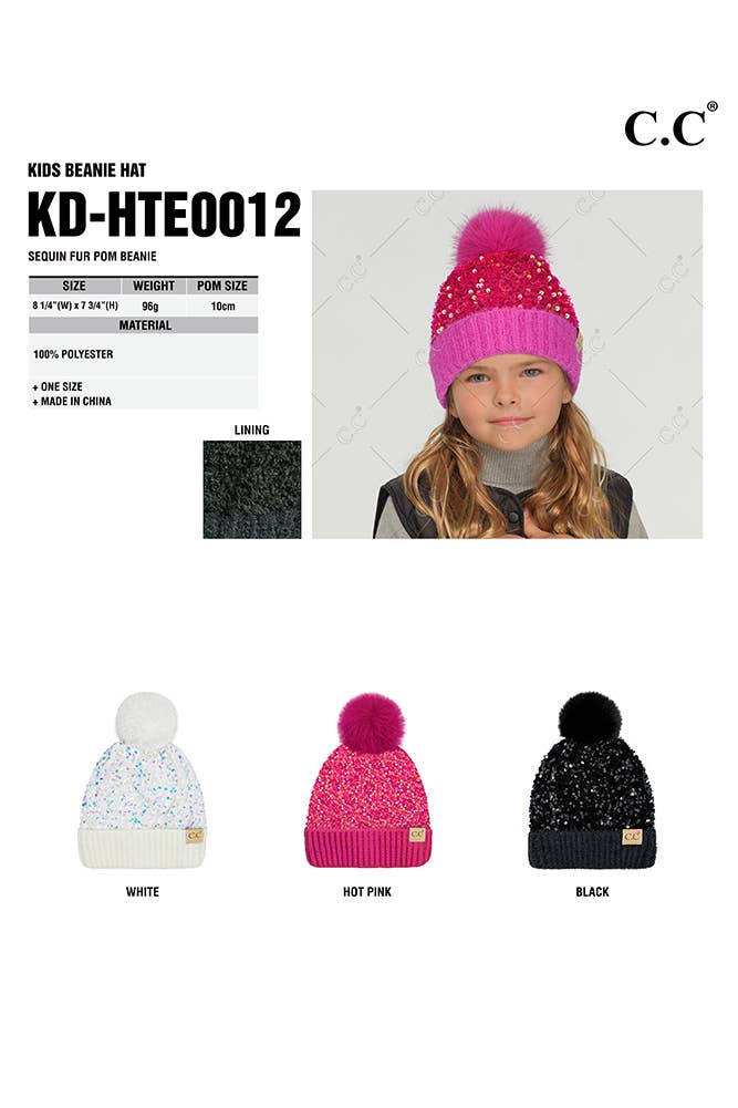 C.C Kids Sequin Fur Pom Beanie