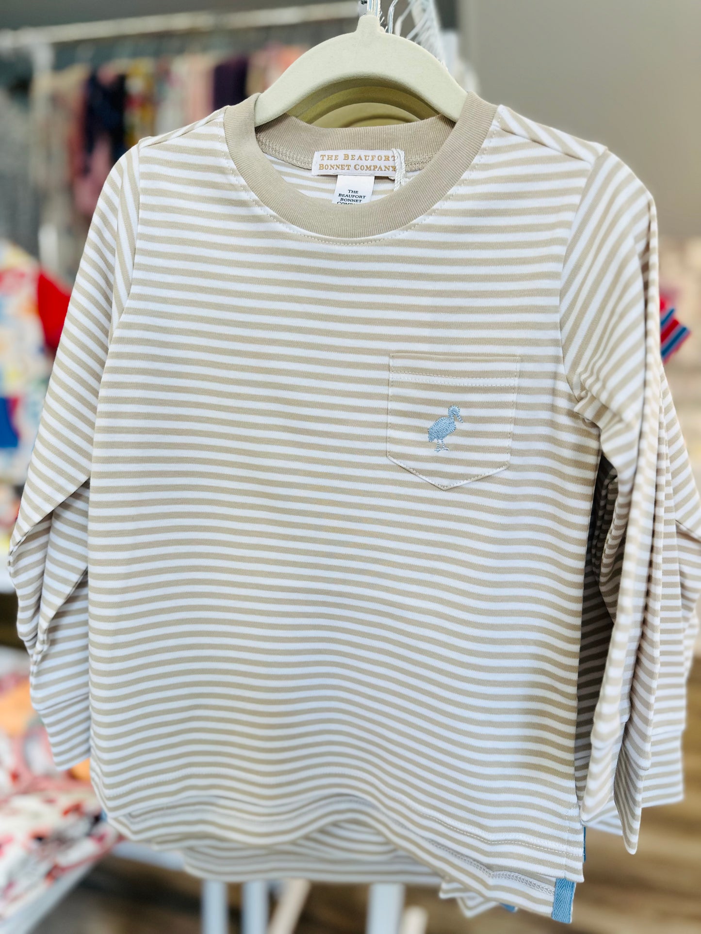 TBBC | Long Sleeve Carter Crewneck - Keeneland Khaki Stripe with Barrington Blue Stork