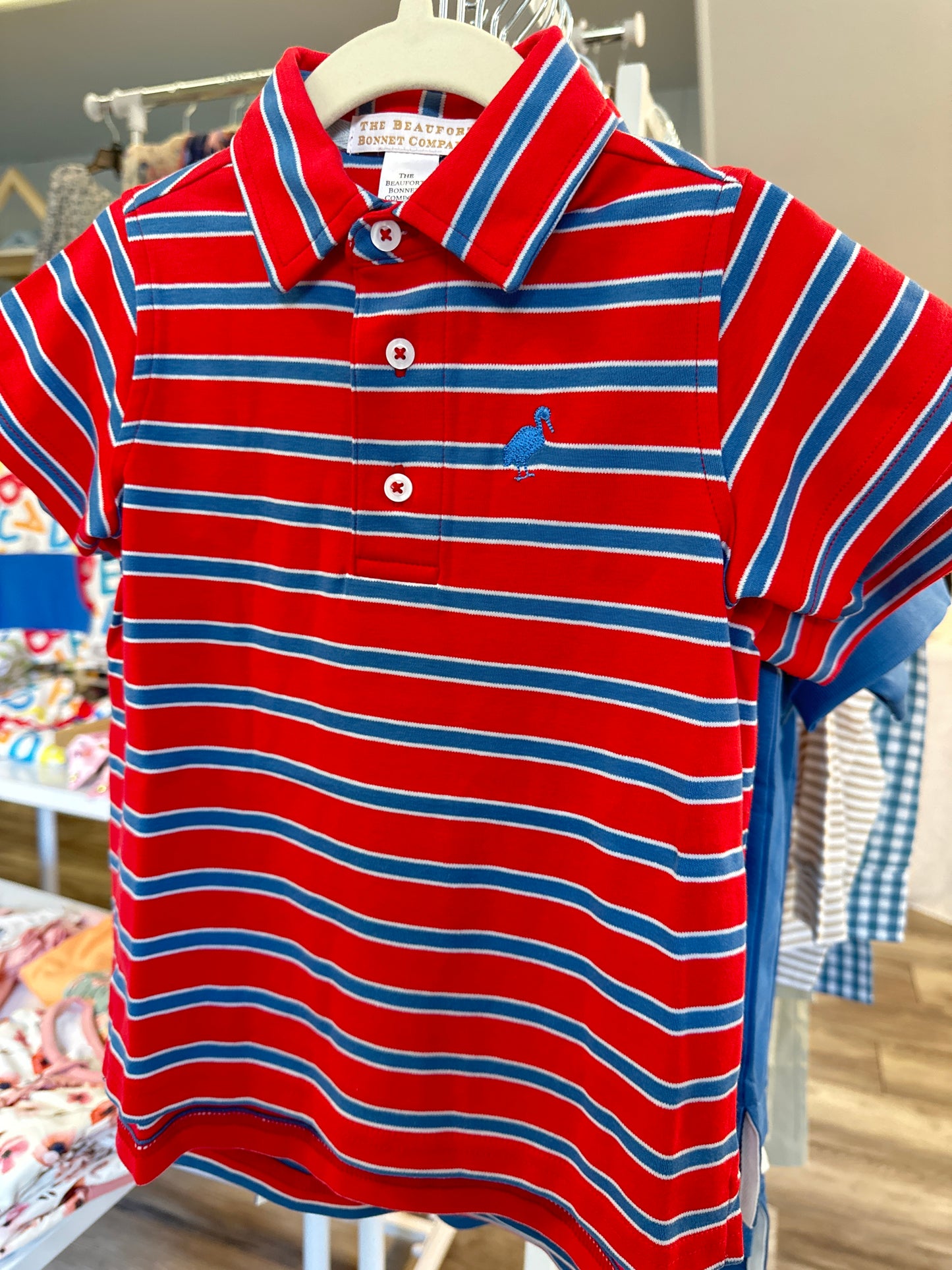 Prim & Proper Polo - Richmond Red, Wood Boat Blue, & Buckhead Blue Stripe with Wood Boat Blue Stork