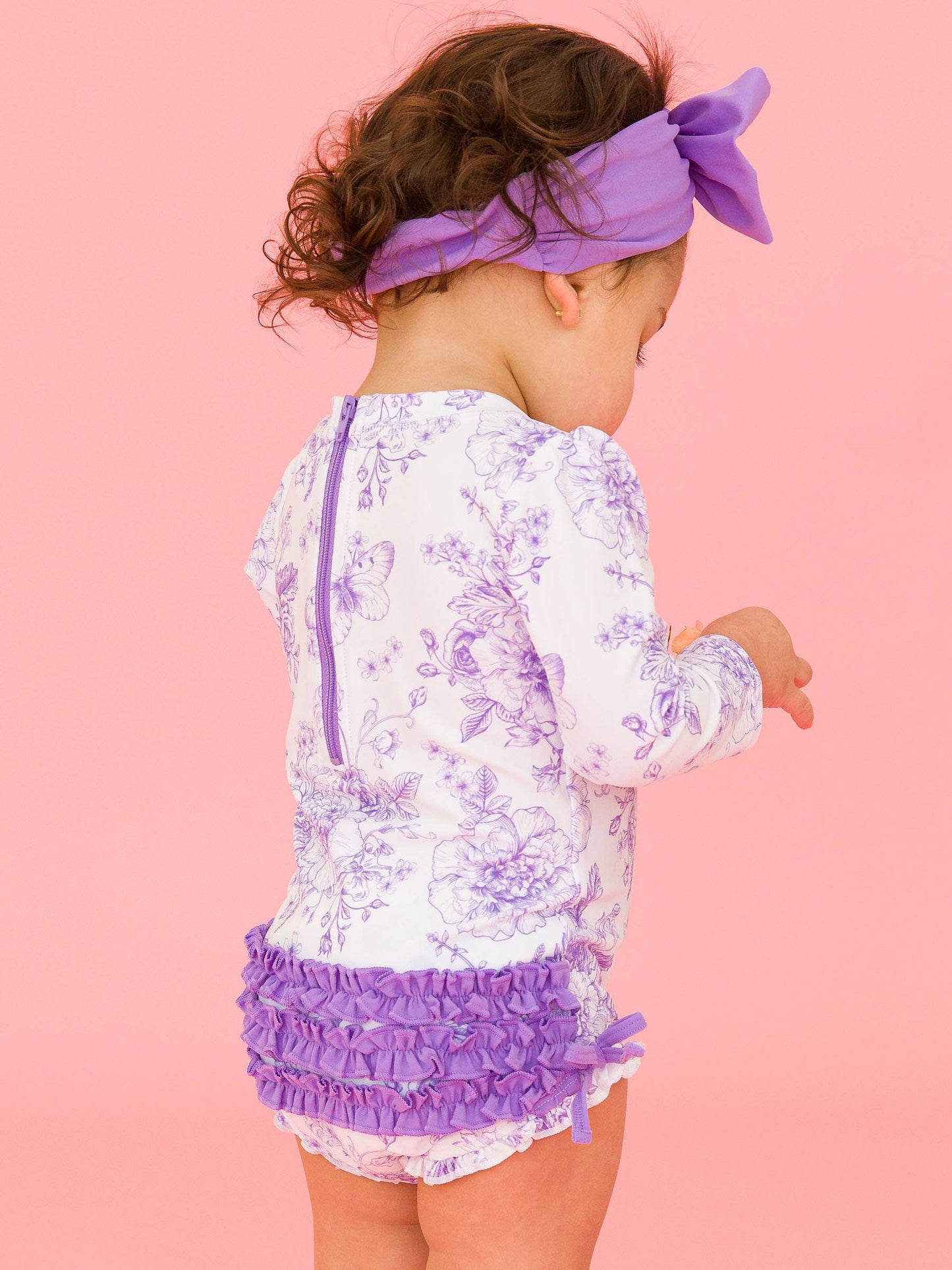 Wisteria Purple Butterfly Garden Toile Long Sleeve One Piece Rash Guard