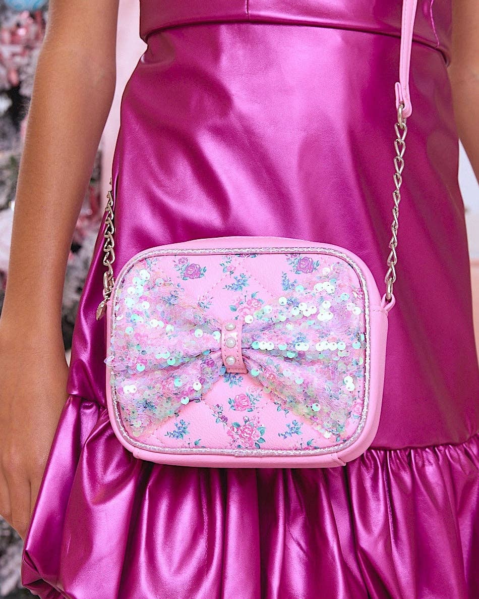 OMG Accessories - Floral Printed Sequins Bow Crossbody Bag