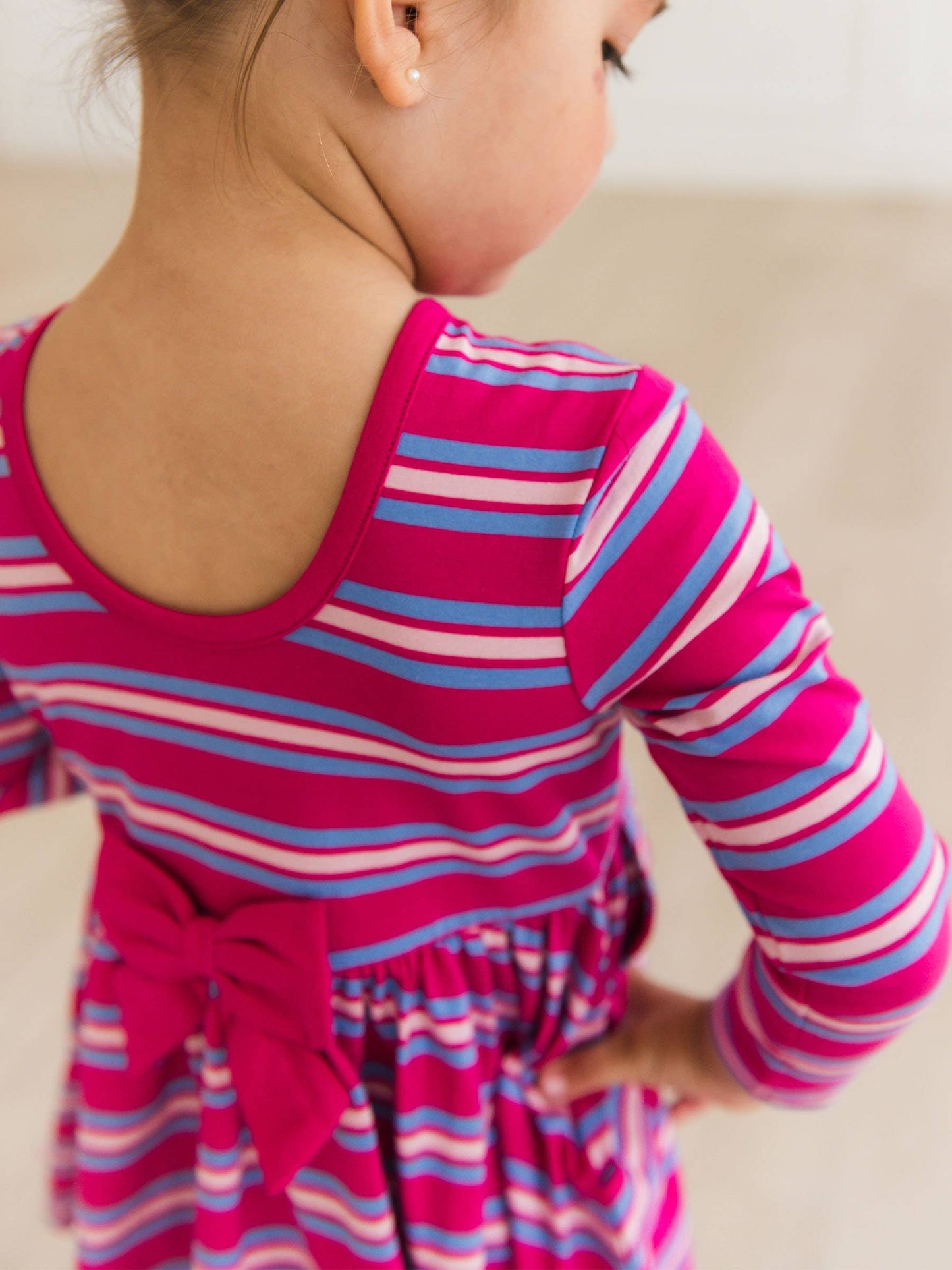 RuffleButts + RuggedButts - Girls Very Berry & Periwinkle Blue Stripe Knit Long Sleeve Twirl Dress m