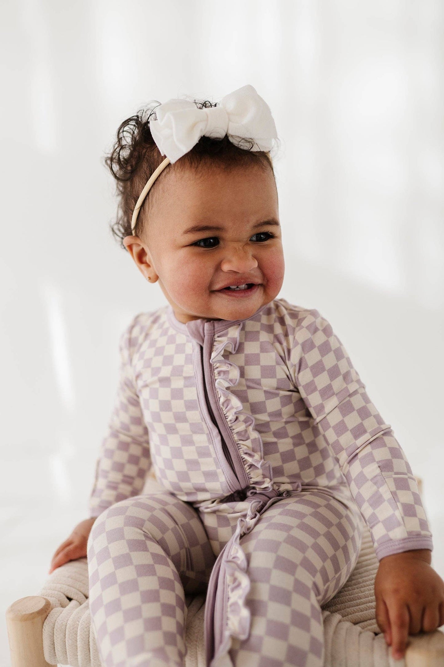 Lavender Cloud Checkered Bamboo Footie Romper