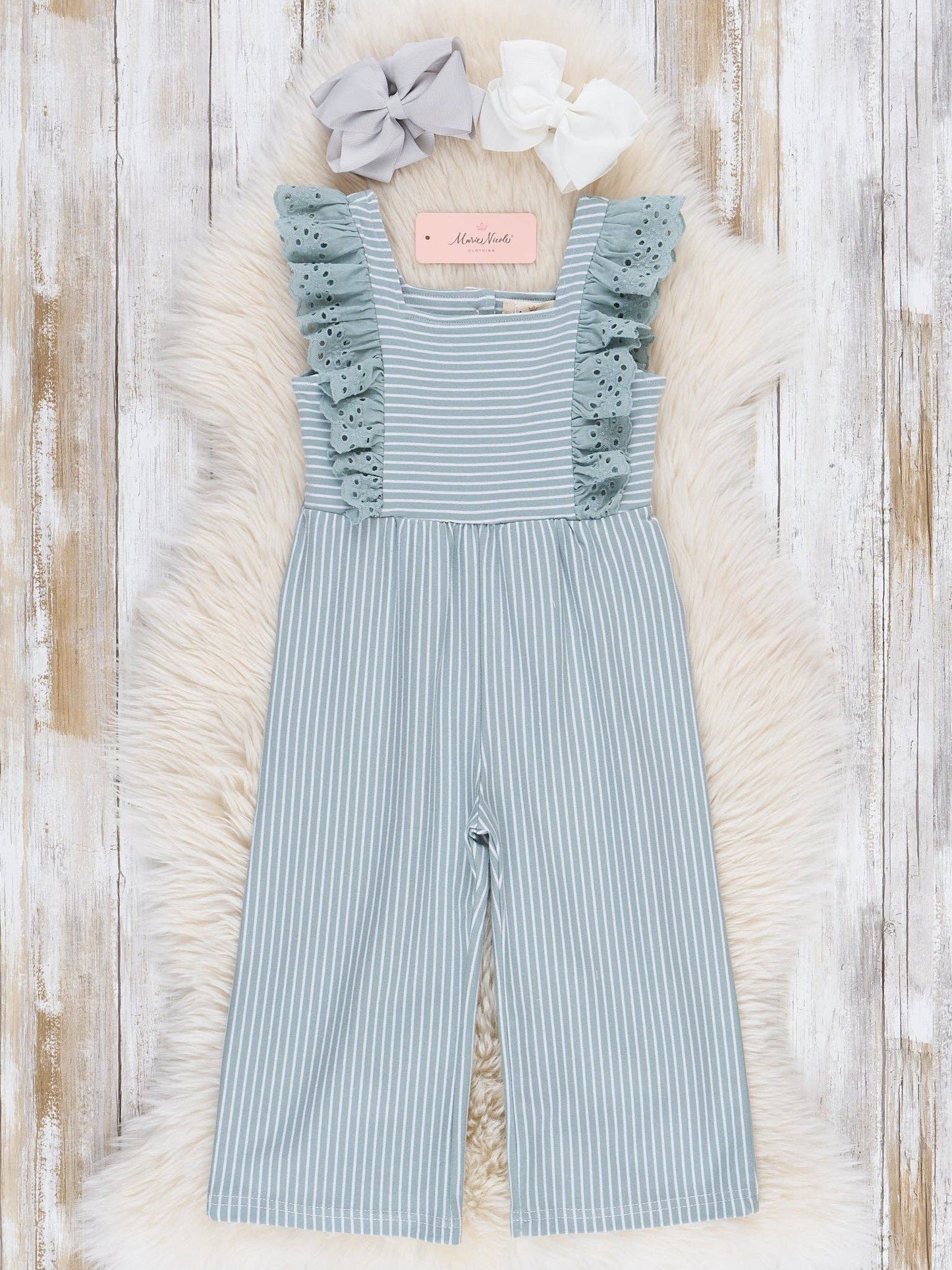 Blue Striped Eyelet Ruffle Jumpsuit
