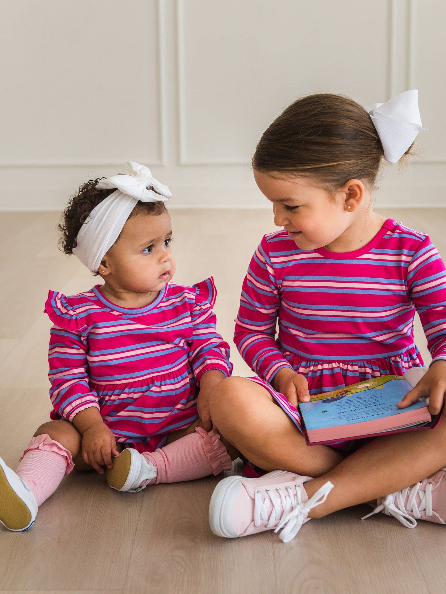 RuffleButts + RuggedButts - Girls Very Berry & Periwinkle Blue Stripe Knit Long Sleeve Twirl Dress m