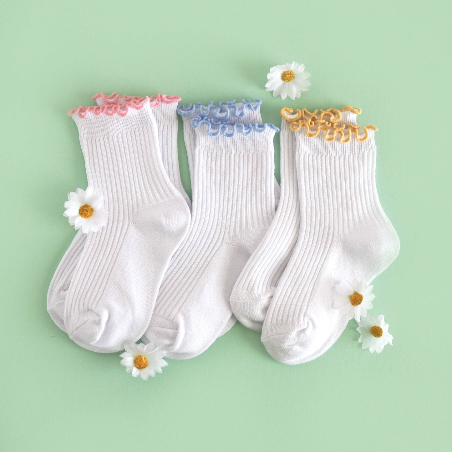 Ribbed Lettuce Trim Midi Socks - White/Bluebell