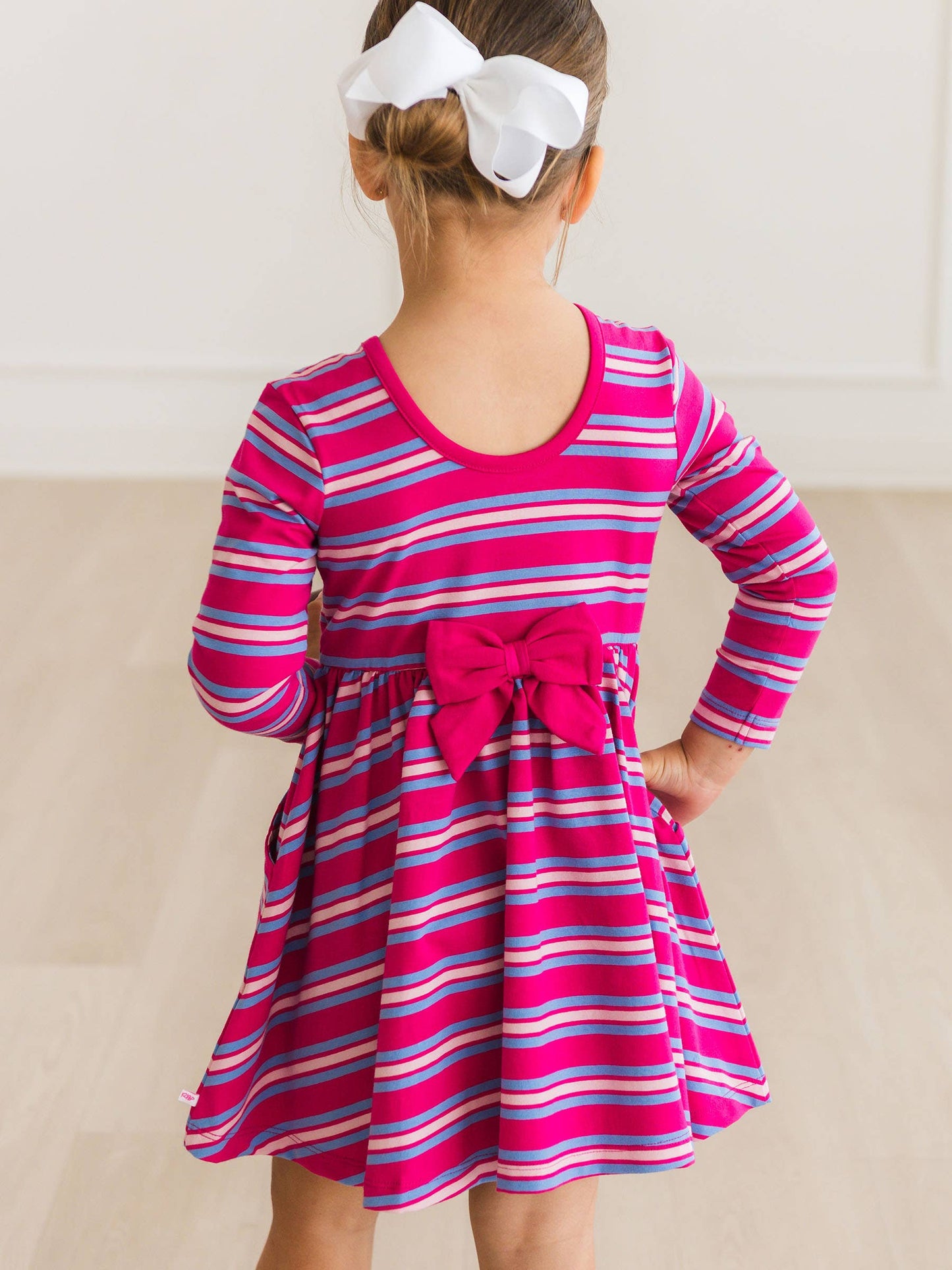 RuffleButts + RuggedButts - Girls Very Berry & Periwinkle Blue Stripe Knit Long Sleeve Twirl Dress m