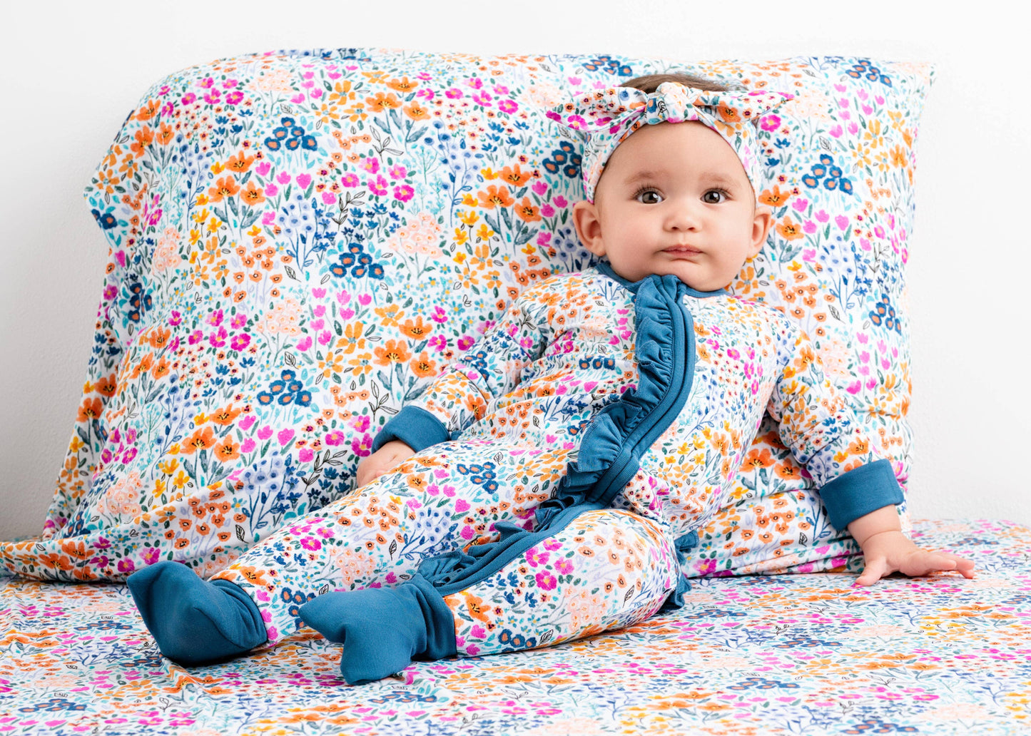 Whispering Wildflowers Ruffle Baby Bamboo Zipper Romper Pajamas
