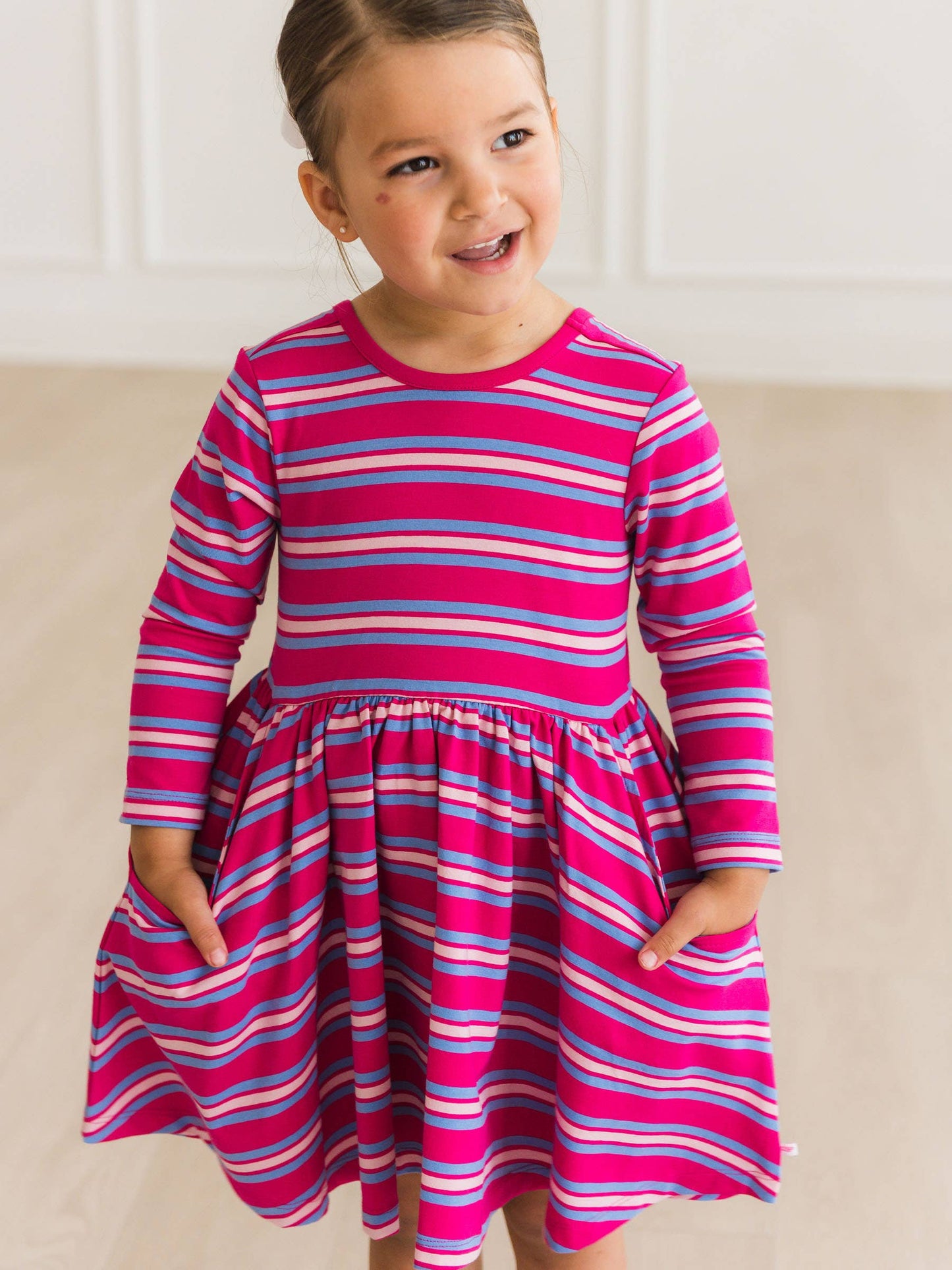 RuffleButts + RuggedButts - Girls Very Berry & Periwinkle Blue Stripe Knit Long Sleeve Twirl Dress m