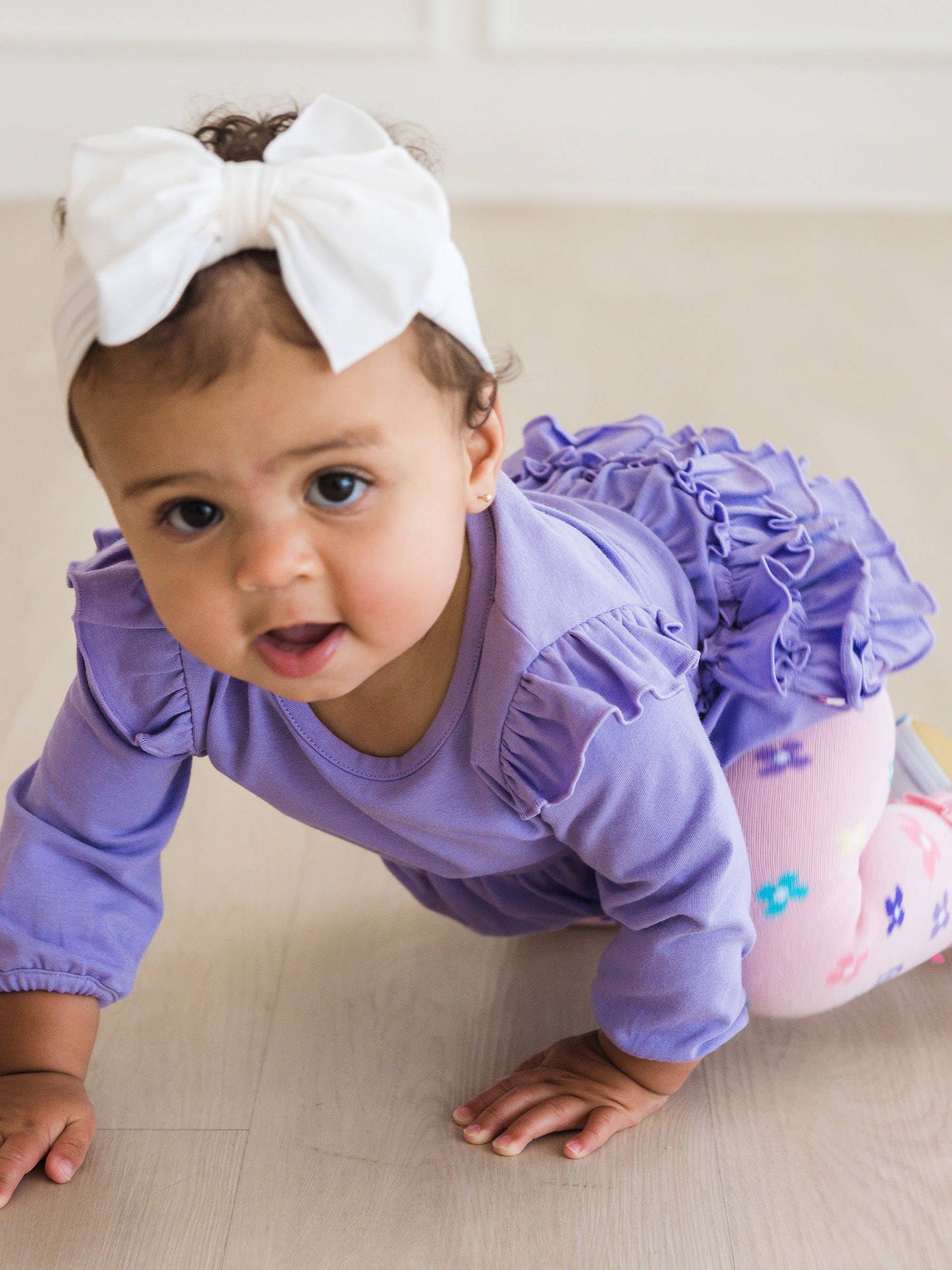 RuffleButts + RuggedButts - Baby Girls Wisteria Purple Knit Long Sleeve Flutter Bubble Romper