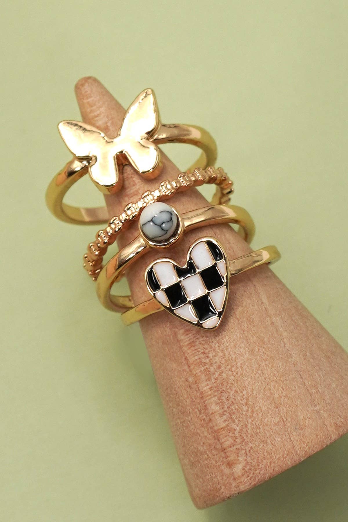 Checker Heart Butterfly 4-Ring Set