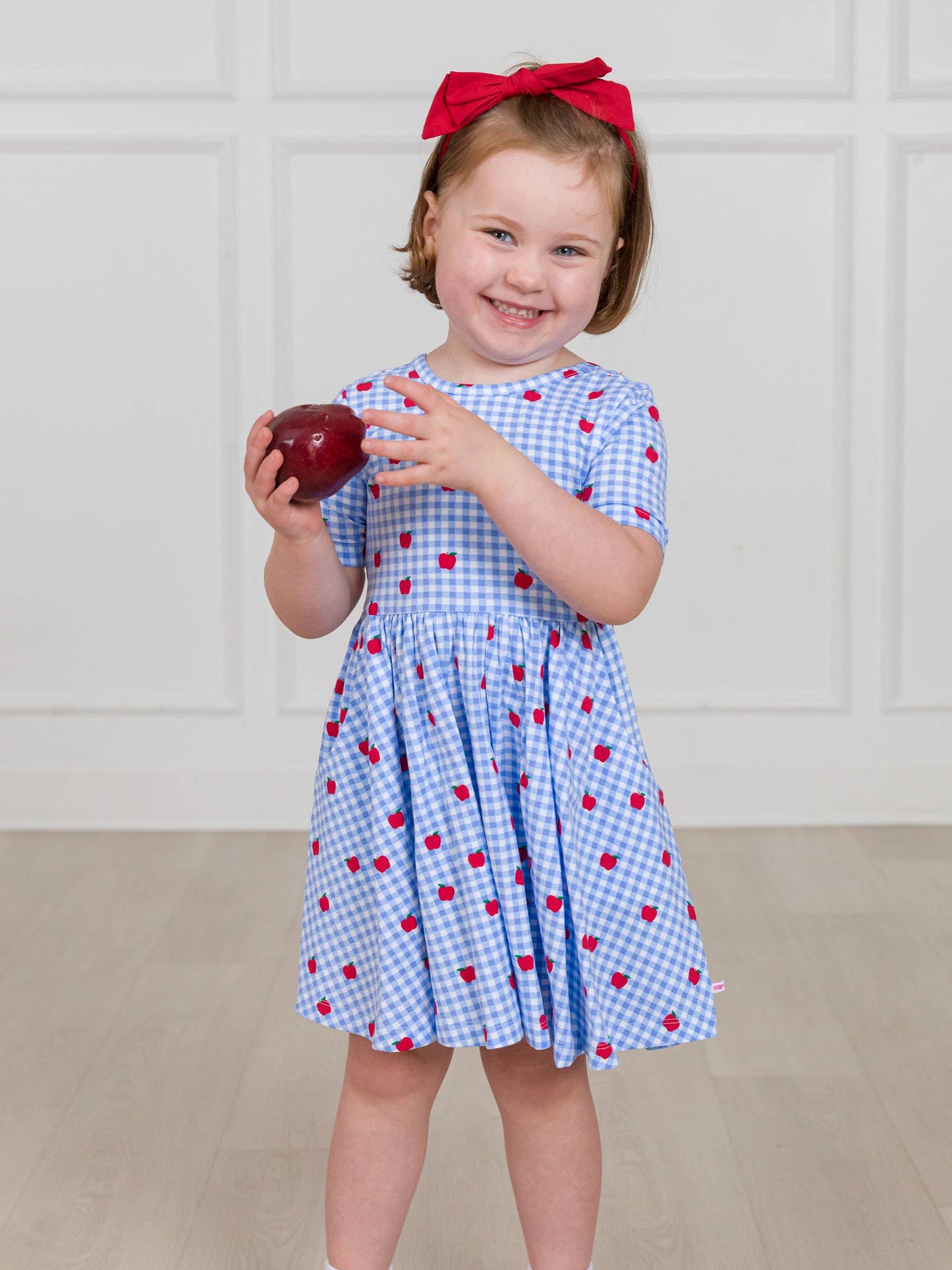 RuffleButts + RuggedButts - Girls Apple Orchard Gingham Short Sleeve Knit Twirl Dress