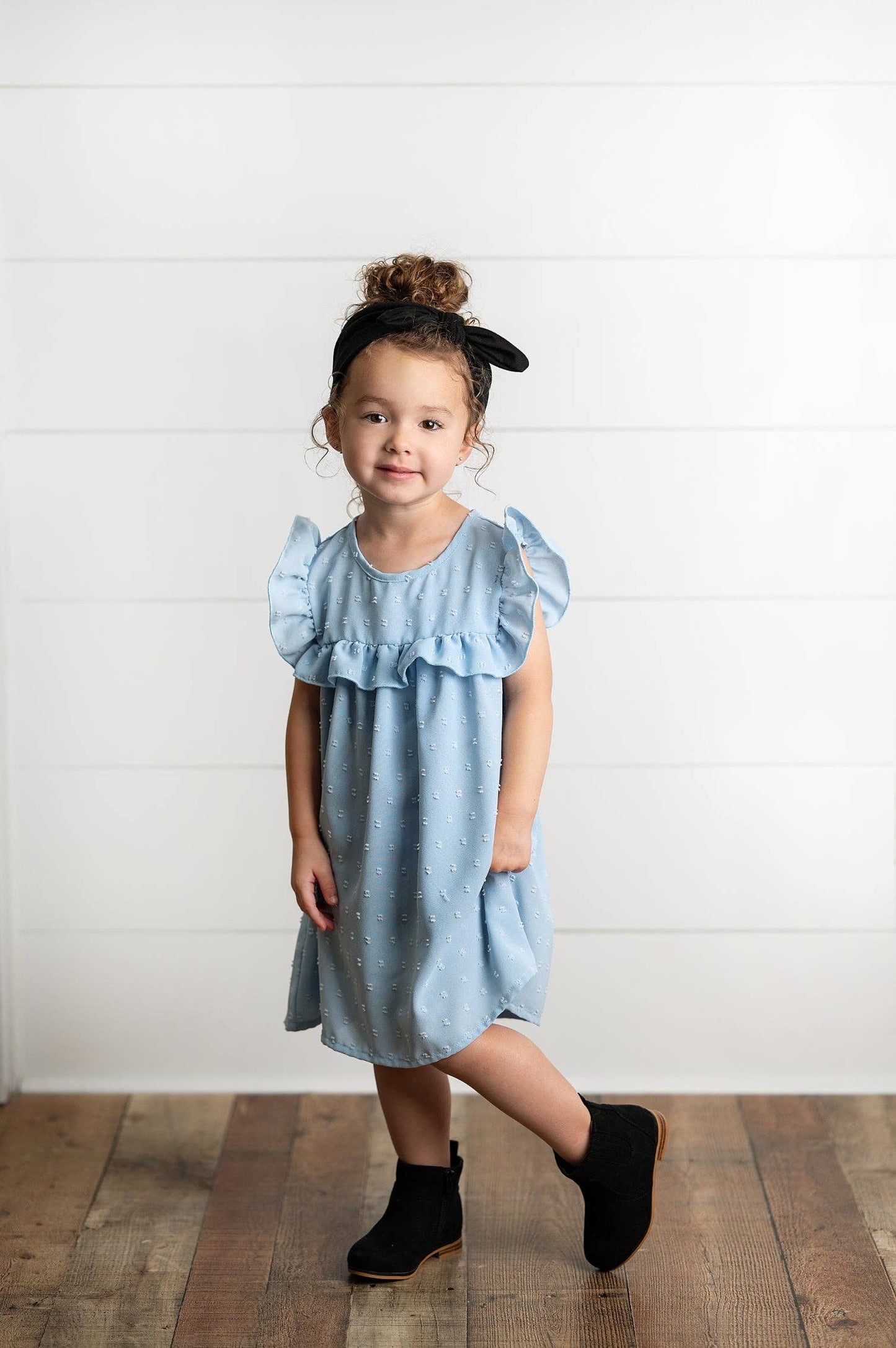 Dusty Blue Ruffle Bib Swiss Dot Dress