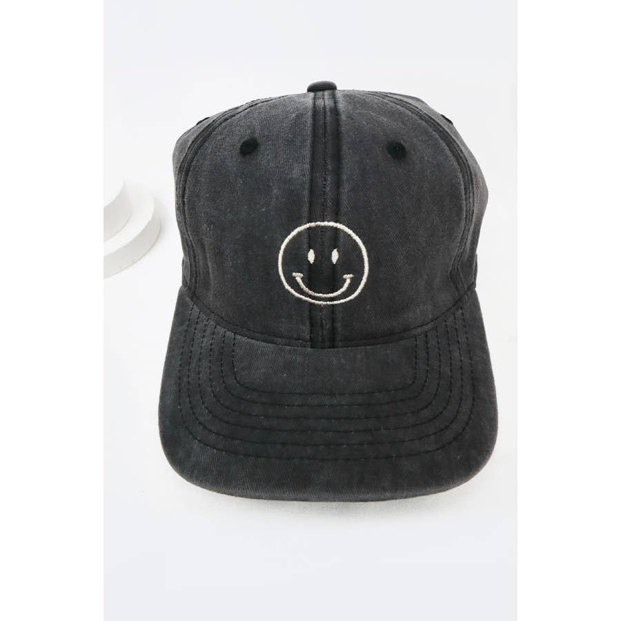 Smiley Face Embroidered Washed Baseball Cap