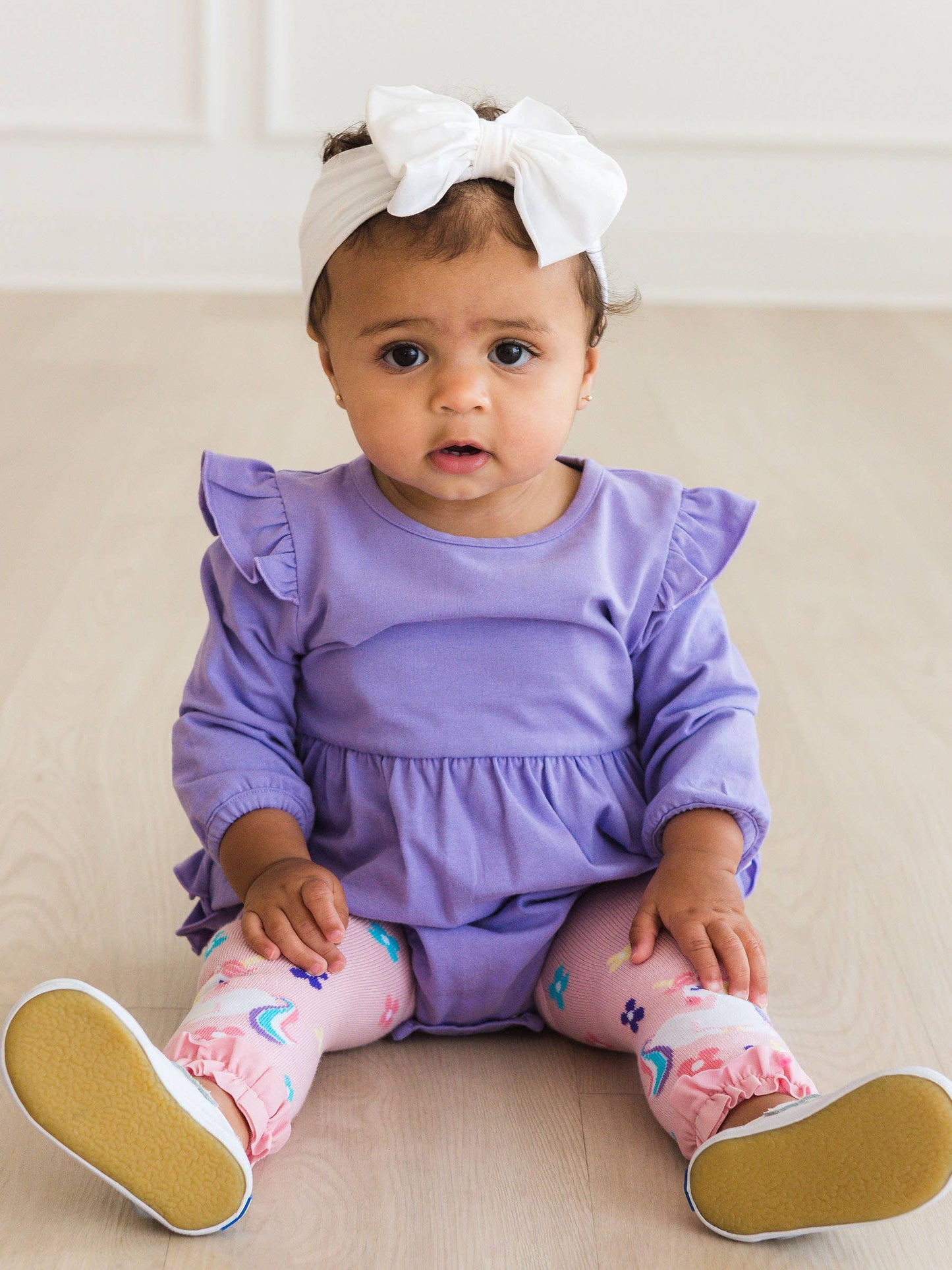RuffleButts + RuggedButts - Baby Girls Wisteria Purple Knit Long Sleeve Flutter Bubble Romper