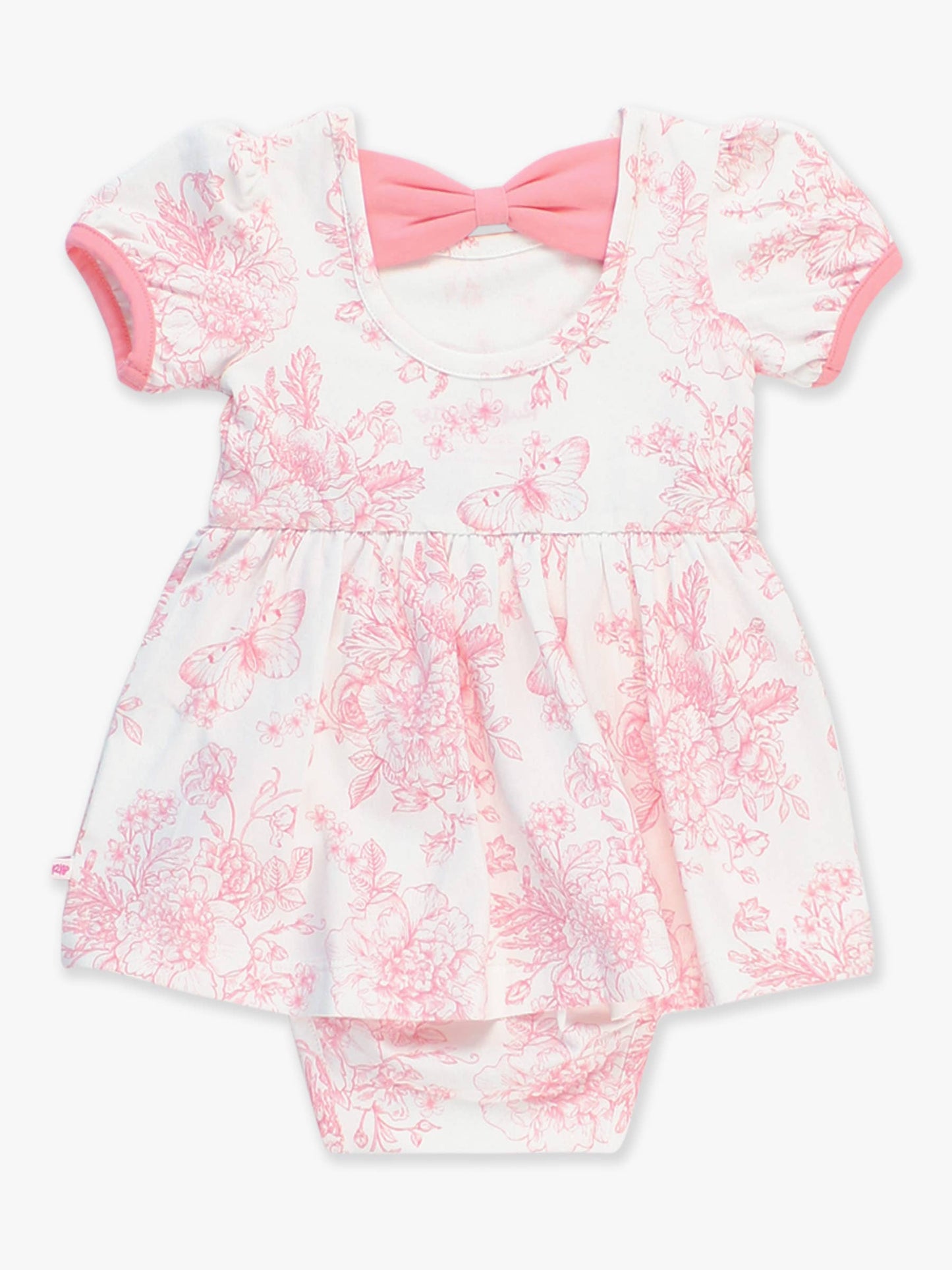 Bubblegum Pink Butterfly Garden Toile Short Sleeve Bow Twirl Romper