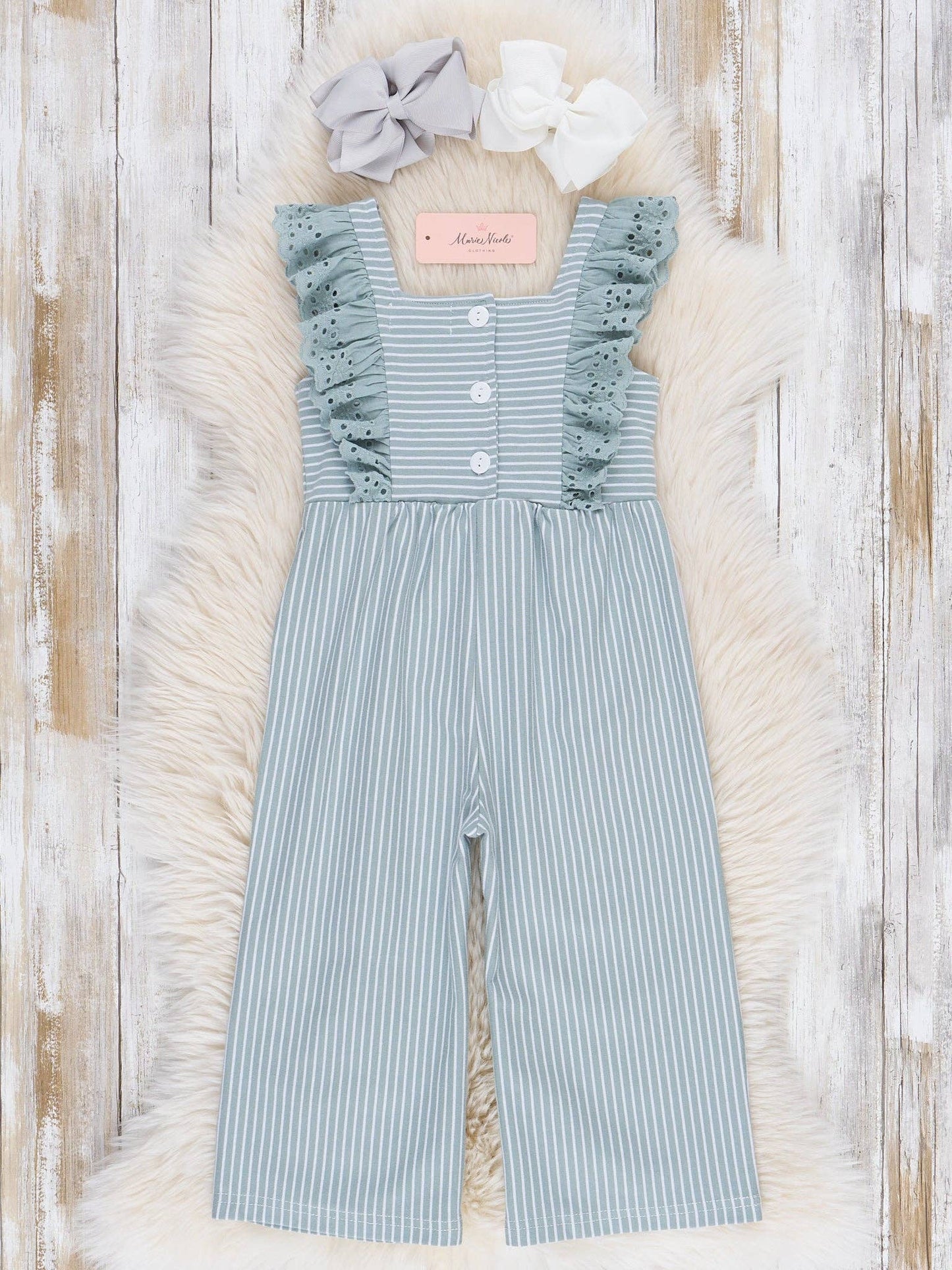 Blue Striped Eyelet Ruffle Jumpsuit