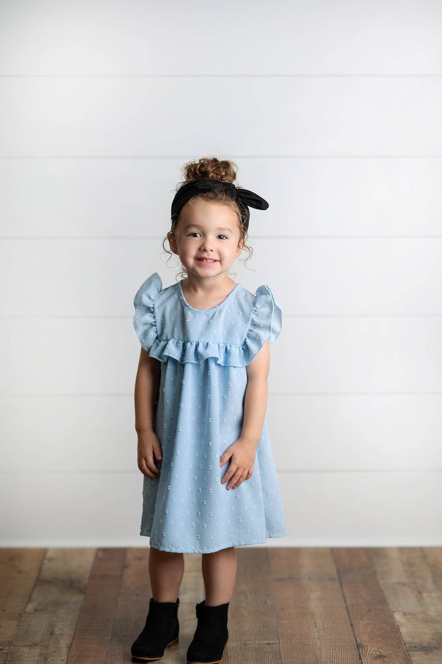 Dusty Blue Ruffle Bib Swiss Dot Dress