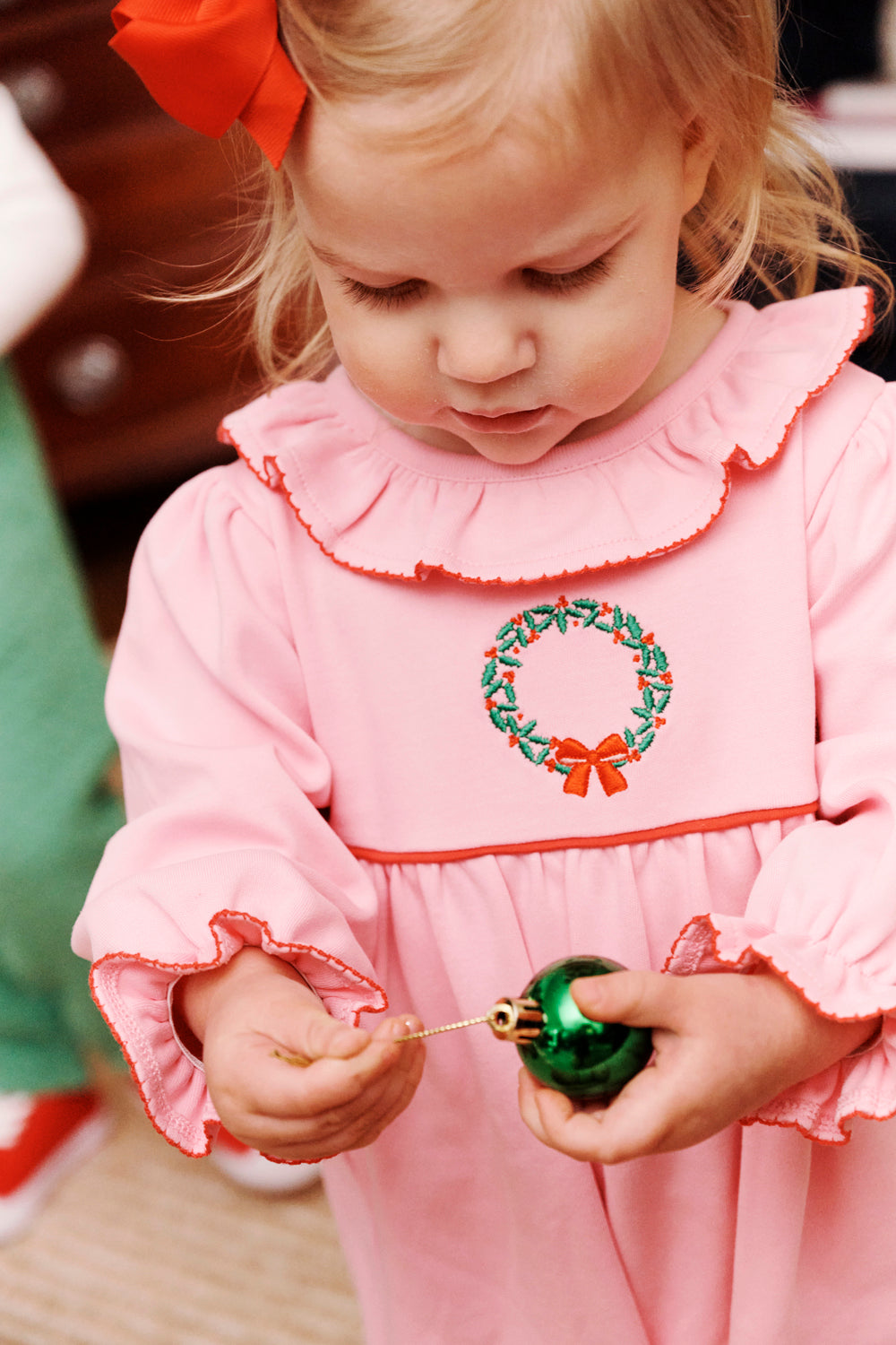 TBBC | Long Sleeve Ramona Ruffle Romper - Hamptons Hot Pink, Kiawah Kelly Green, and Wreath Embroidery