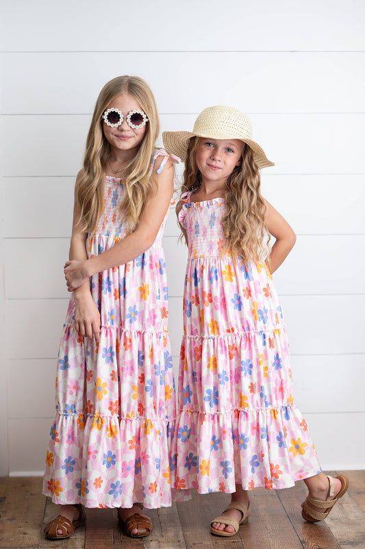 Pink Retro Daisy Tiered Maxi Dress