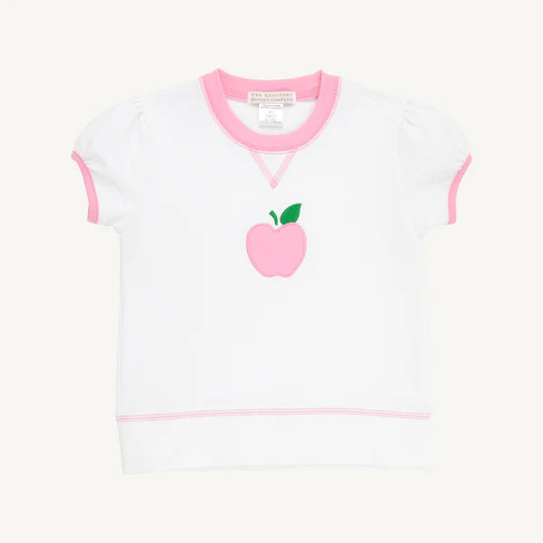 TBBC | Short Puff Sleeve Cassidy Comfy Crewneck - Worth Avenue White & Hamptons Hot Pink with Apple Applique