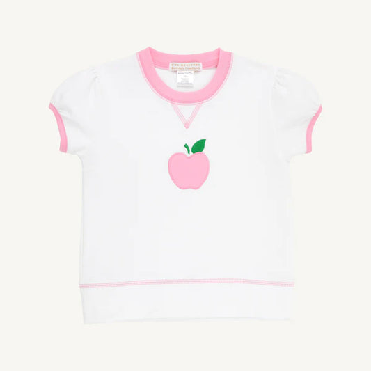 TBBC | Short Puff Sleeve Cassidy Comfy Crewneck - Worth Avenue White & Hamptons Hot Pink with Apple Applique
