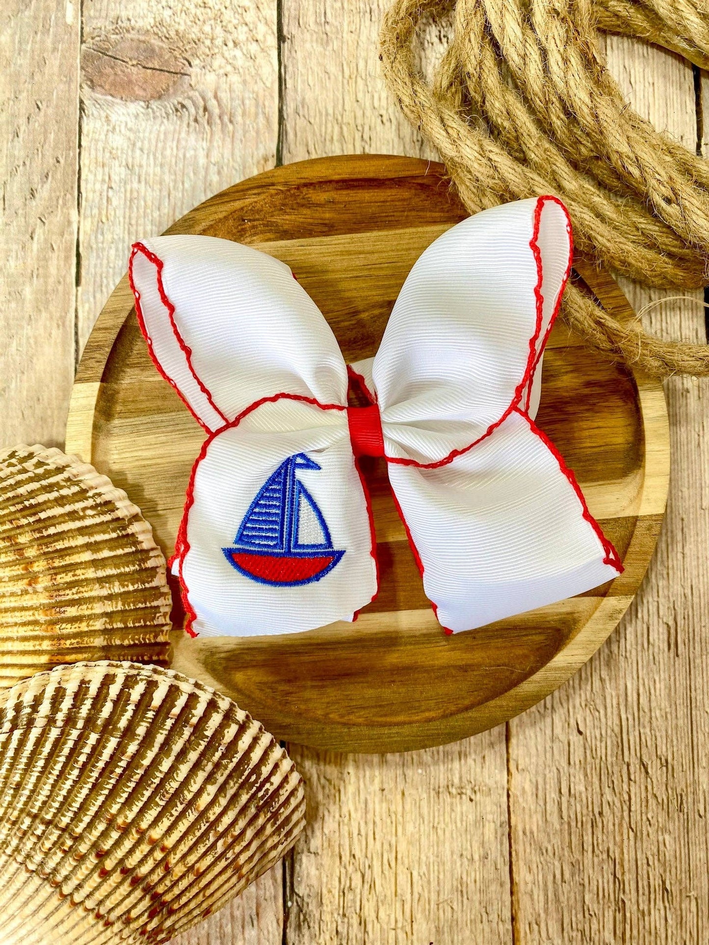 Sailboat Embroidered Classic Hair Bow