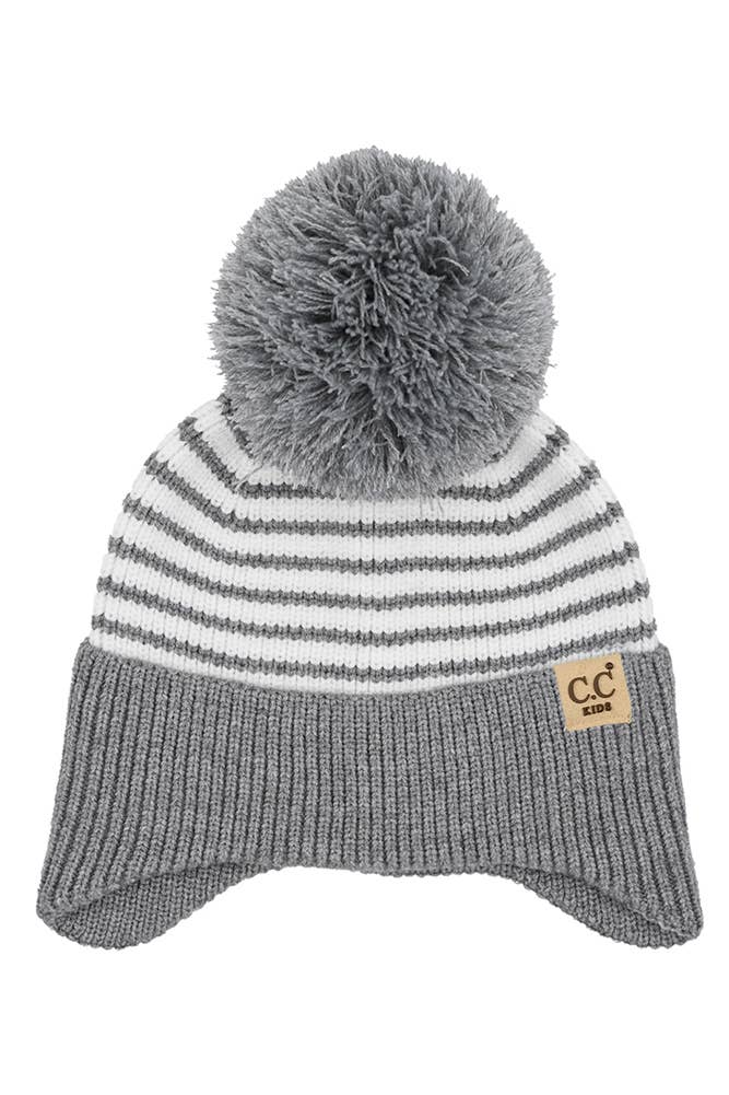 C.C Kids Stripe Earflap Yarn Pom Beanie Winter Hat